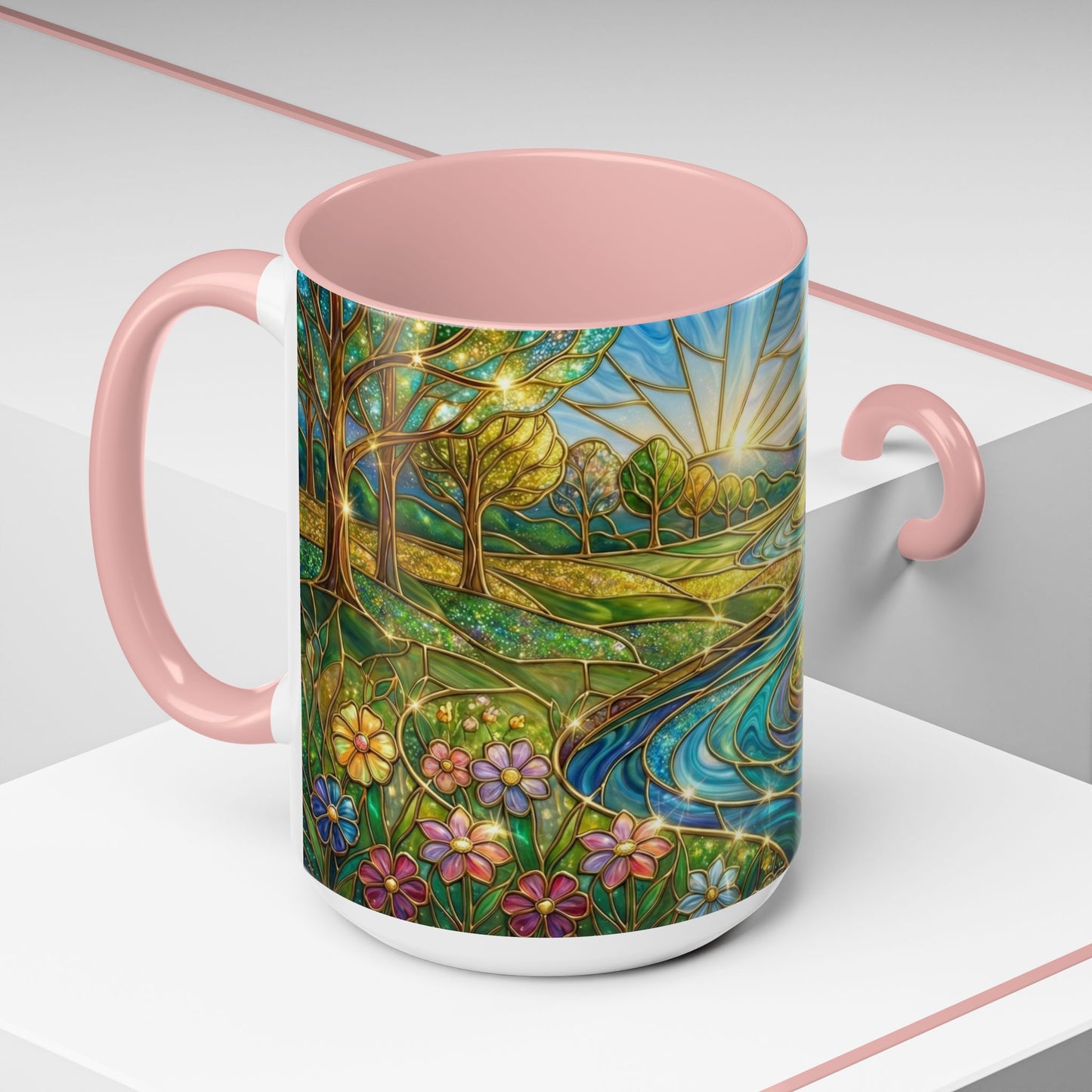 Stained Glass Mug, River Landscape Coffee Cup, Nature Lover Gift, Floral Tea Mug, Gardener Present, Art Teacher Gift, Colorful Scenery Cup