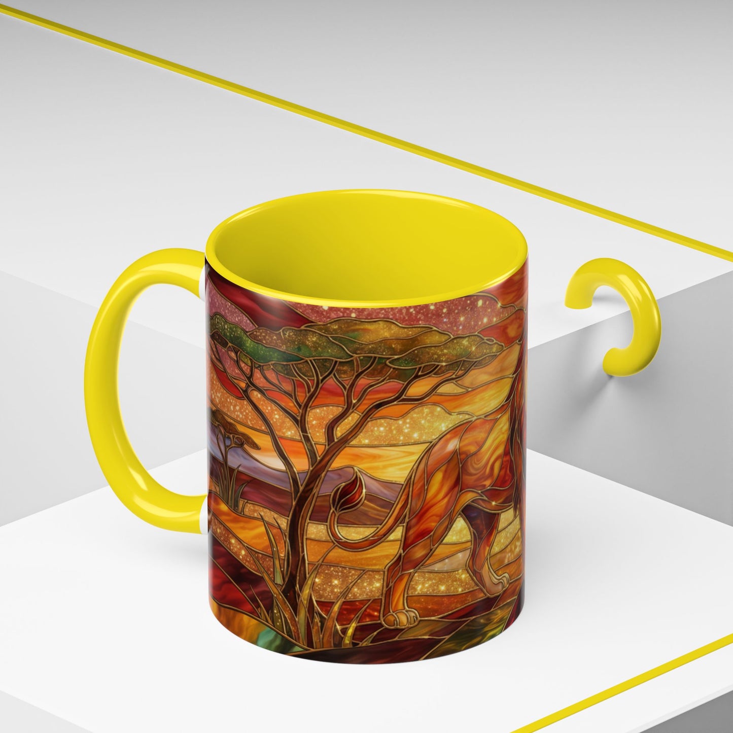 Stained Glass Lion Mug, Majestic Lion Coffee Cup, African Sunset Art Mug, Safari Wildlife Gift, Colorful Lion Lover Ceramic Mug