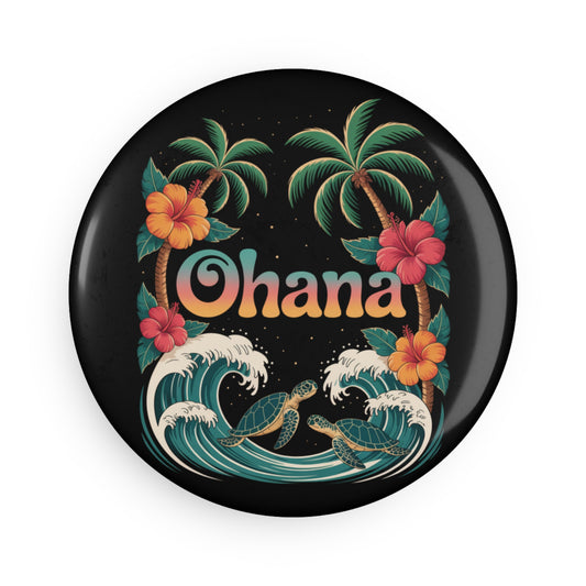 Ohana Magnet – Retro Hawaiian Palm Tree & Sea Turtle Button Magnet for Fridge or Locker – Aesthetic Tropical Gift with Island Vibes