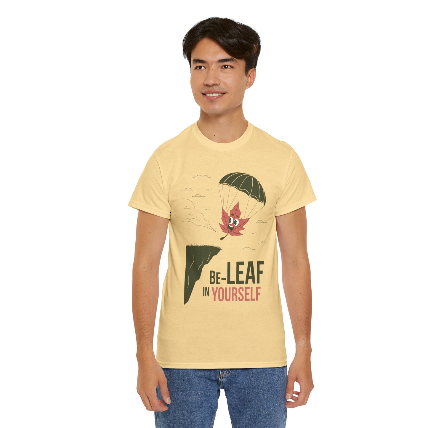Be-Leaf In Yourself Maple Leaf Parachute T-Shirt | Funny Motivational Nature Graphic Tee | Self-Love Fall Autumn Shirt | Outdoorsy Gift