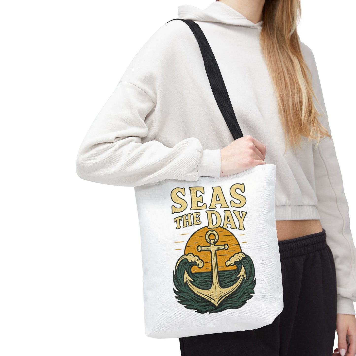 "Seas the Day" Nautical Tote Bag – Funny Beach Quote Canvas Bag with Anchor | Coastal Gift Idea for Summer, Travel, or Daily Use