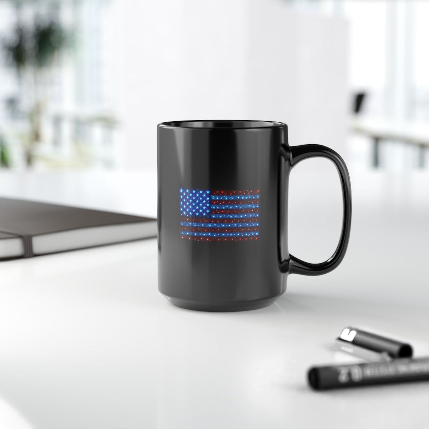 American Flag Coffee Mug – Black Ceramic USA Patriotic Cup, Red White Blue Stars & Stripes Design | 11oz 15oz Gift for Veterans, 4th of July