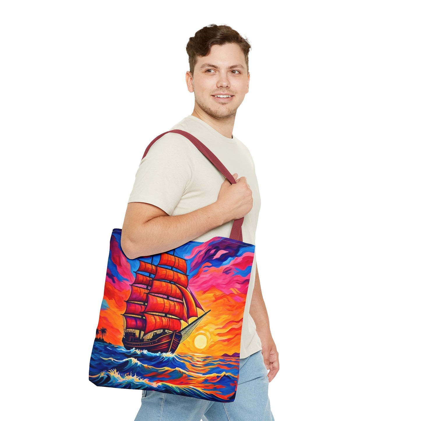 Crimson Voyage Tote Bag, Red Sailboat At Sunset Artistic Ocean Design, Nautical Reusable Tote For Beach, Travel, And Everyday Use