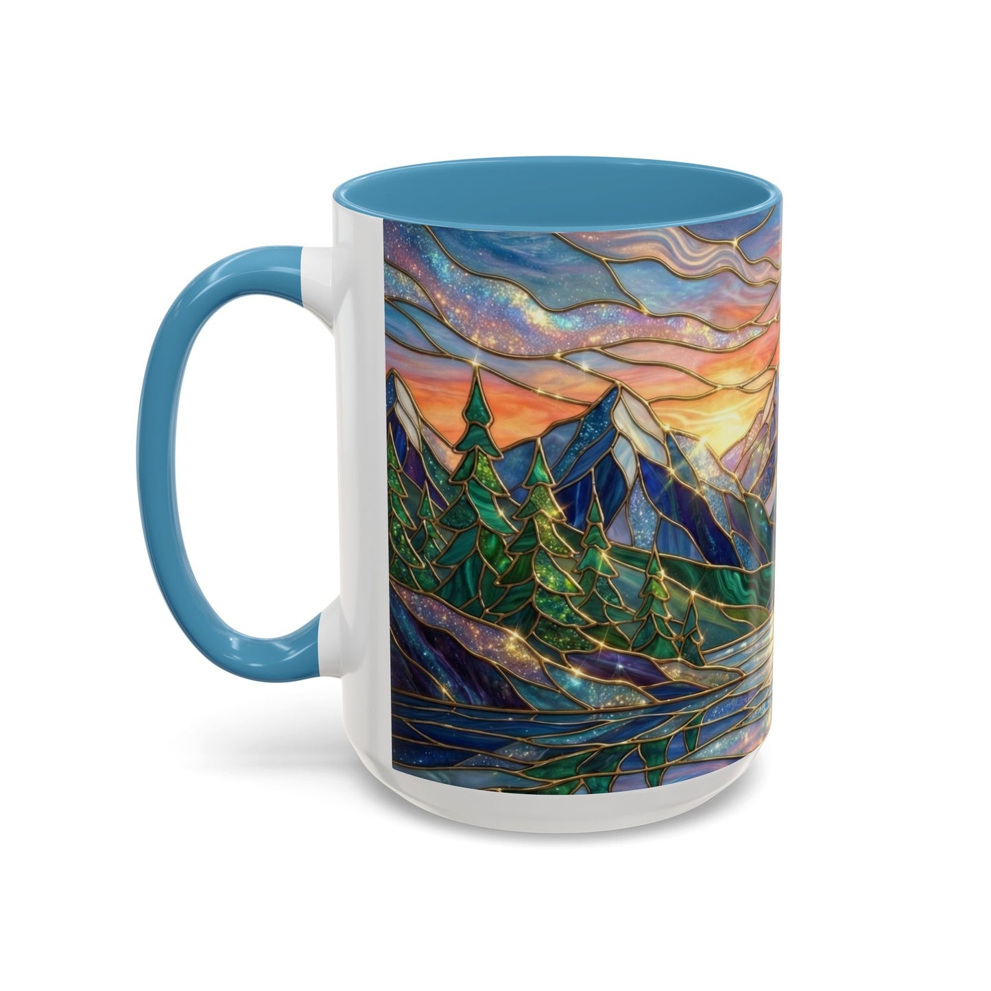 Stained Glass Mountain Mug, Sunset Mountain Landscape Coffee Cup, Nature Ceramic Mug With Forest And River, 11oz 15oz Gift