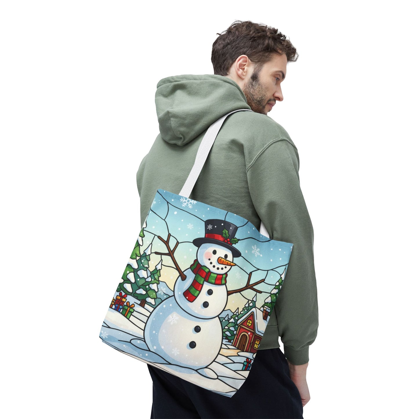 Stained Glass Snowman Christmas Tote Bag, Holiday Art Tote, Festive Winter Gift Bag, Colorful Christmas Scene Reusable Shopping Bag