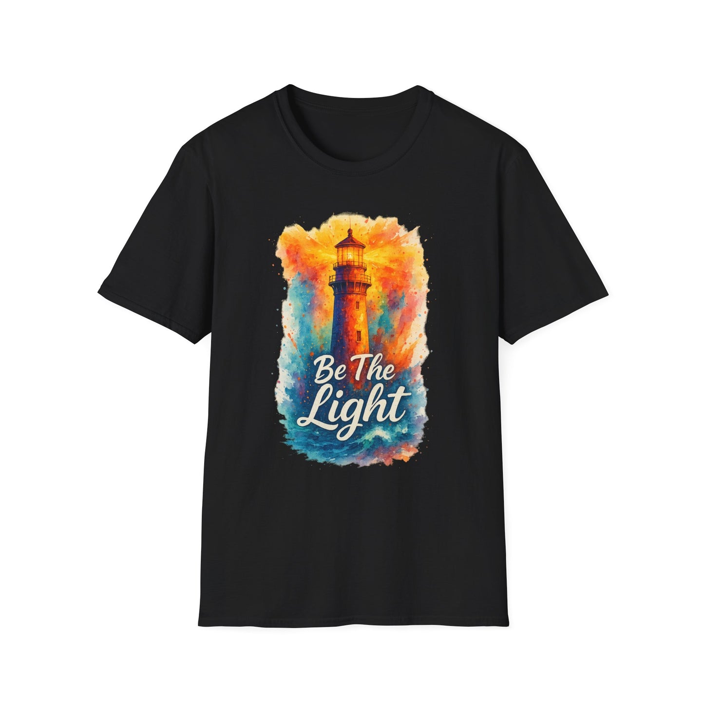 Be The Light Lighthouse T-Shirt | Inspirational Spiritual Tee | Coastal Nautical Gift for Her and Him | Unisex Softstyle Graphic Tee