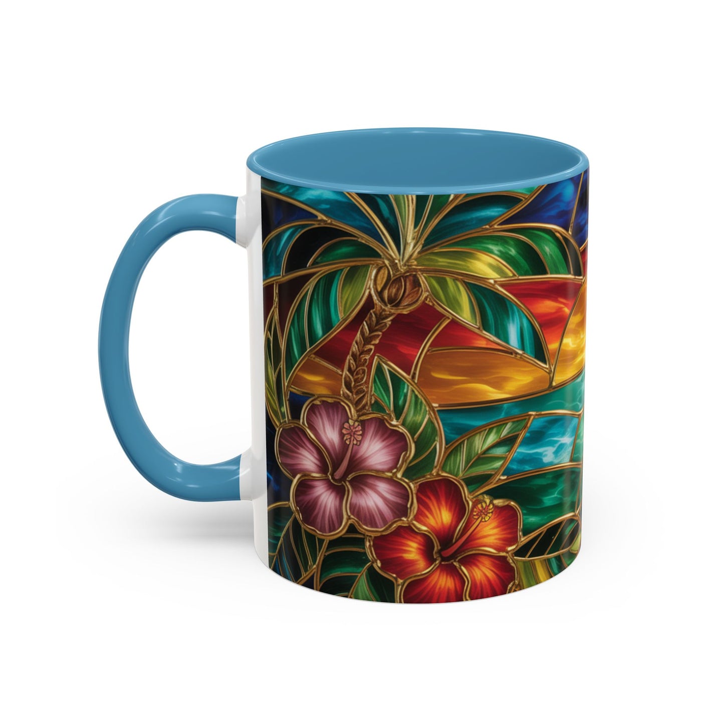 Stained Glass Tropical Sunset Mug, Hibiscus Flower Coffee Cup, Beach Lover Gift, Colorful Palm Tree Mug, Coastal Art Drinkware, Summer Cup