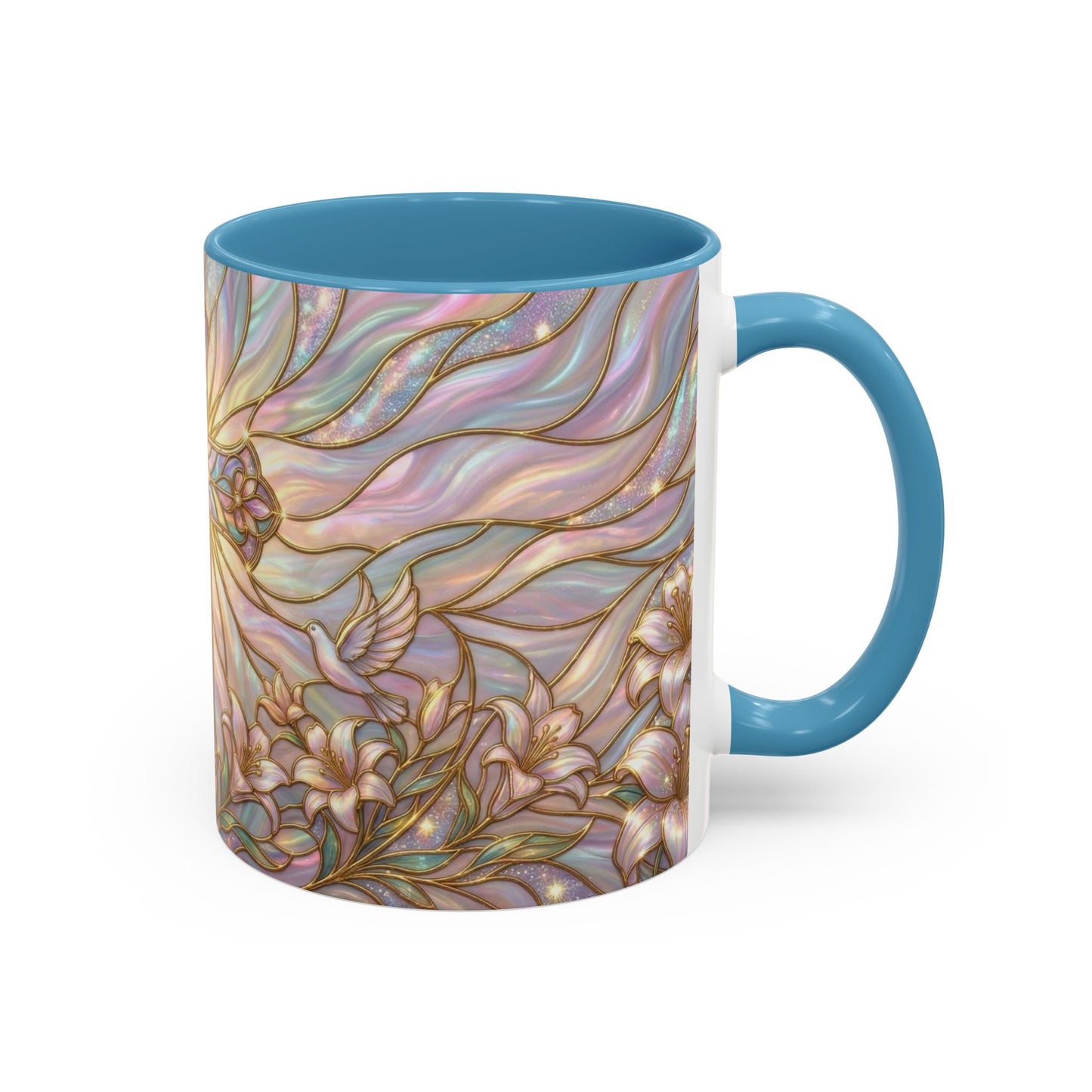 Stained Glass Cross Mug, Easter Lily Coffee Cup, Christian Gift for Women, Pastel Religious Drinkware, Dove and Faith Cup, Spiritual