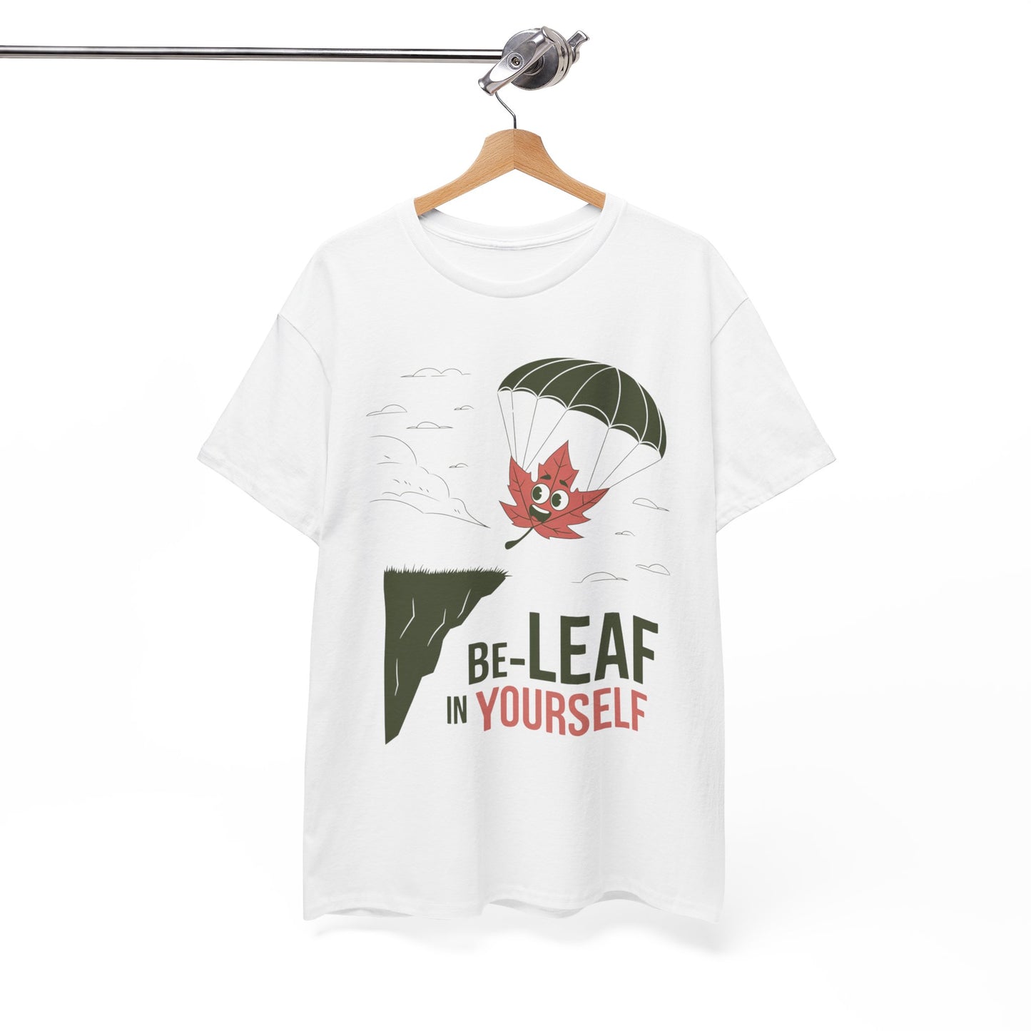 Be-Leaf In Yourself Maple Leaf Parachute T-Shirt | Funny Motivational Nature Graphic Tee | Self-Love Fall Autumn Shirt | Outdoorsy Gift