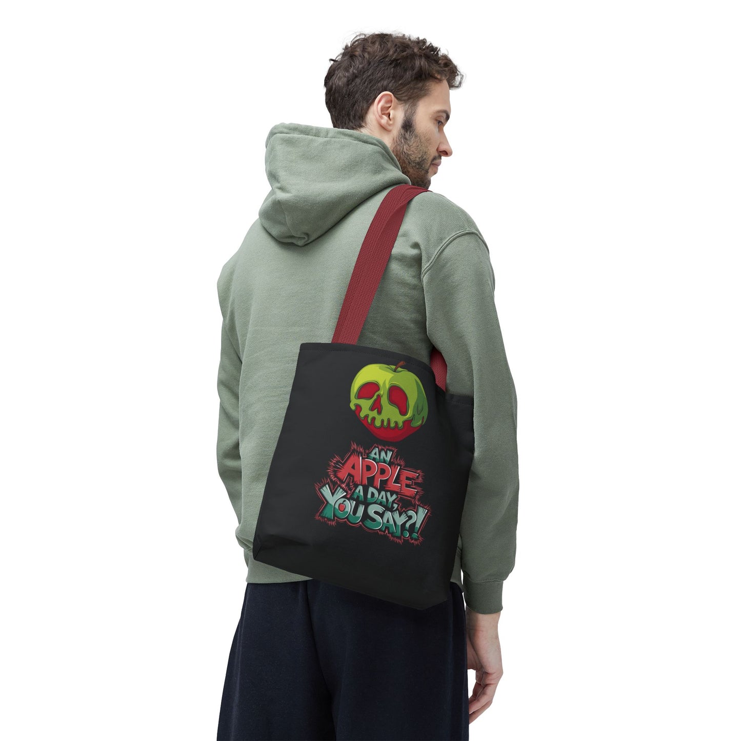 Spooky Halloween Tote Bag – Poison Apple Design – Funny Gothic Tote – Trick or Treat Bag – Creepy Apple Pun Gift – Black Tote Bag