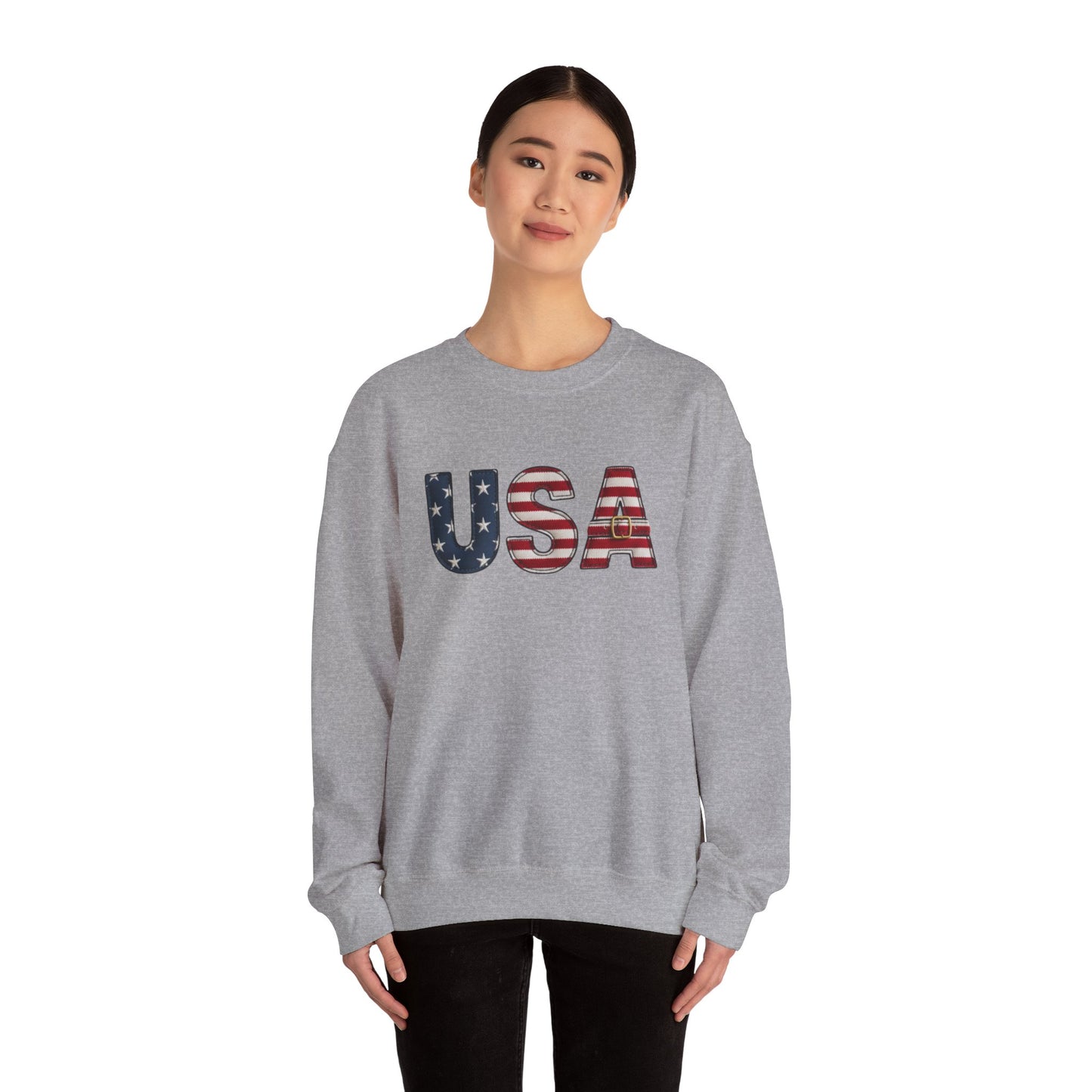 Faux Patchwork USA Sweatshirt, Patriotic Quilt Style Top, Rustic Americana Crewneck, 4th of July Shirt, Country USA Sweater, Vintage Flag Top