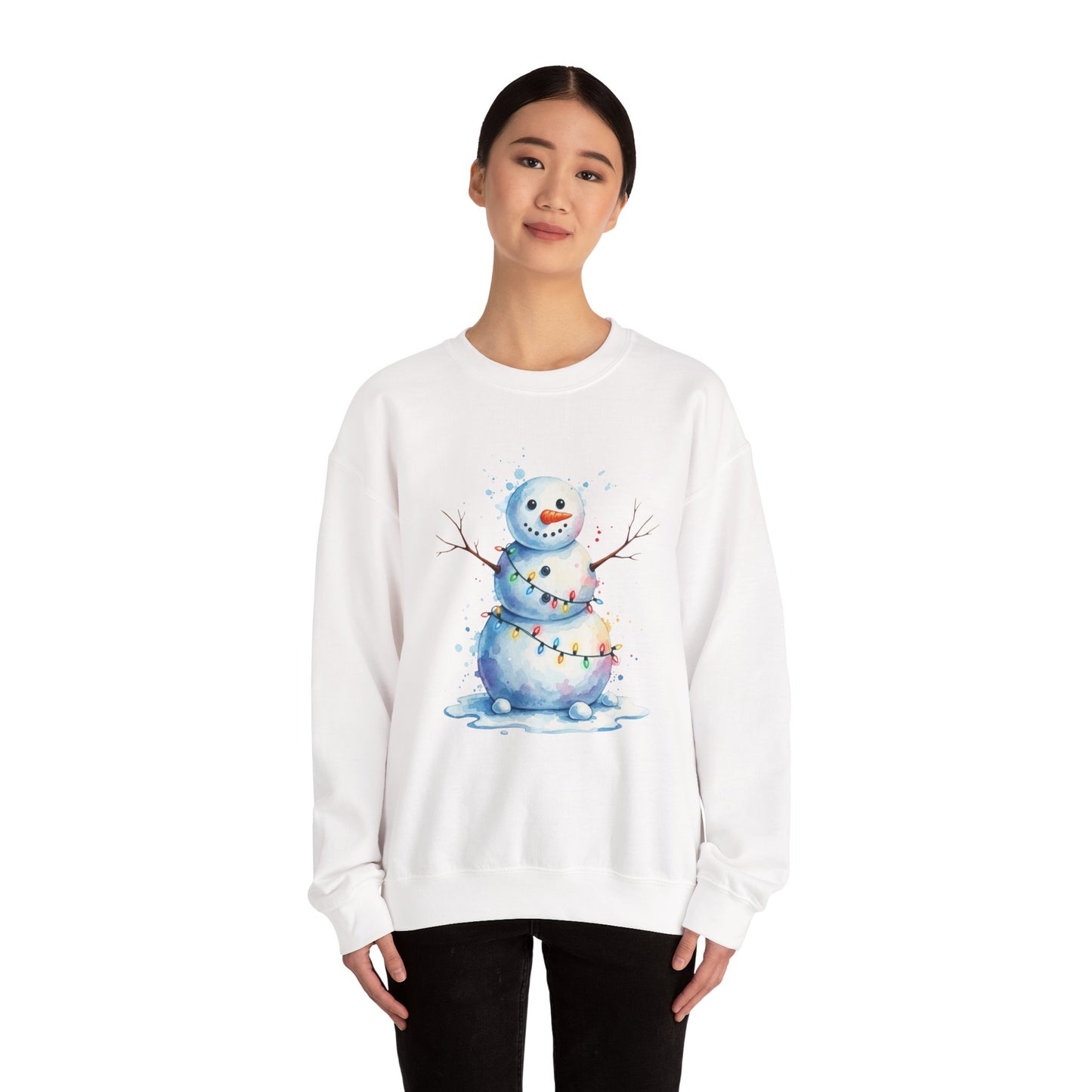 Watercolor Snowman Christmas Sweatshirt, Cute Snowman Crewneck for Winter, Holiday Lights Snowman Sweater, Cozy Unisex Christmas Gift
