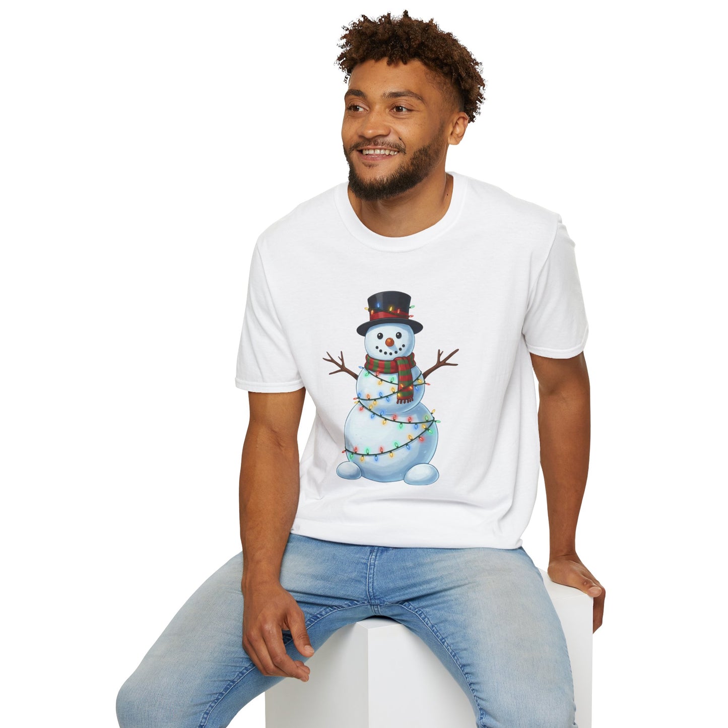 Cute Snowman Christmas Shirt, Snowman Wrapped in Christmas Lights Tee, Holiday Winter Snowman Top Hat Shirt, Funny Cozy Christmas T Shirt