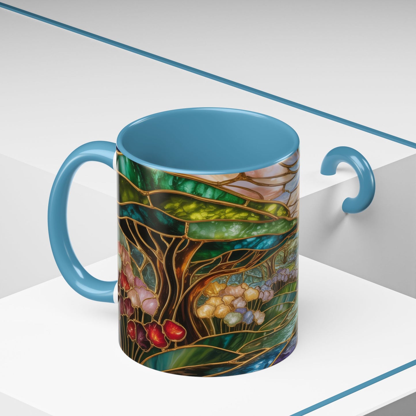 Stained Glass Woodland Forest Mug, Tree & Flowers Coffee Cup, Nature Lover Gift, Artistic Woodland Art Mug, Rustic Home Decor Mug