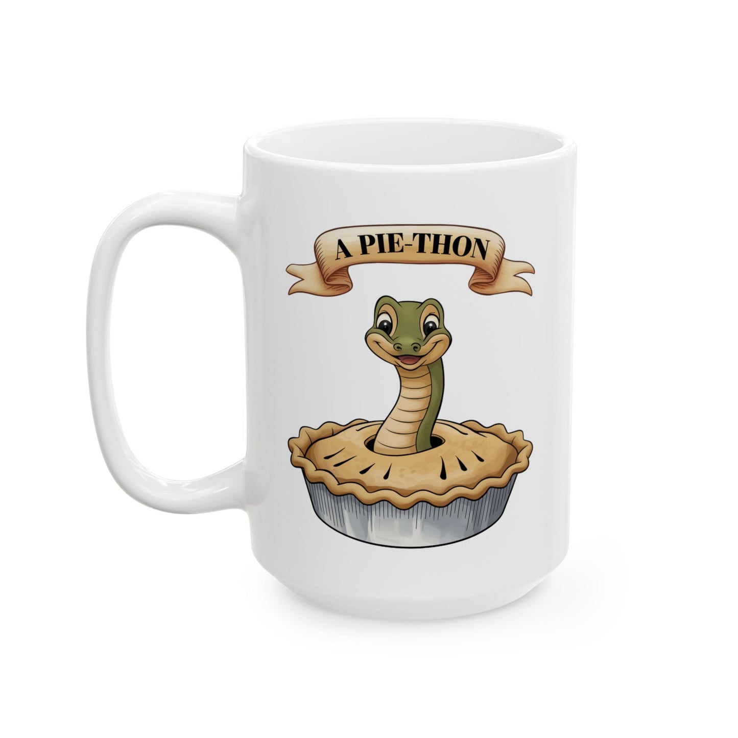 Pie-Thon Snake Mug - Funny Python Pie Pun Mug, Quirky Animal Cartoon Ceramic Coffee Cup, Novelty Gift for Snake Lovers & Bakery Fans