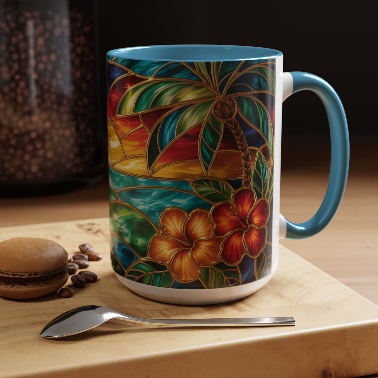 Stained Glass Tropical Sunset Mug, Hibiscus Flower Coffee Cup, Beach Lover Gift, Colorful Palm Tree Mug, Coastal Art Drinkware, Summer Cup