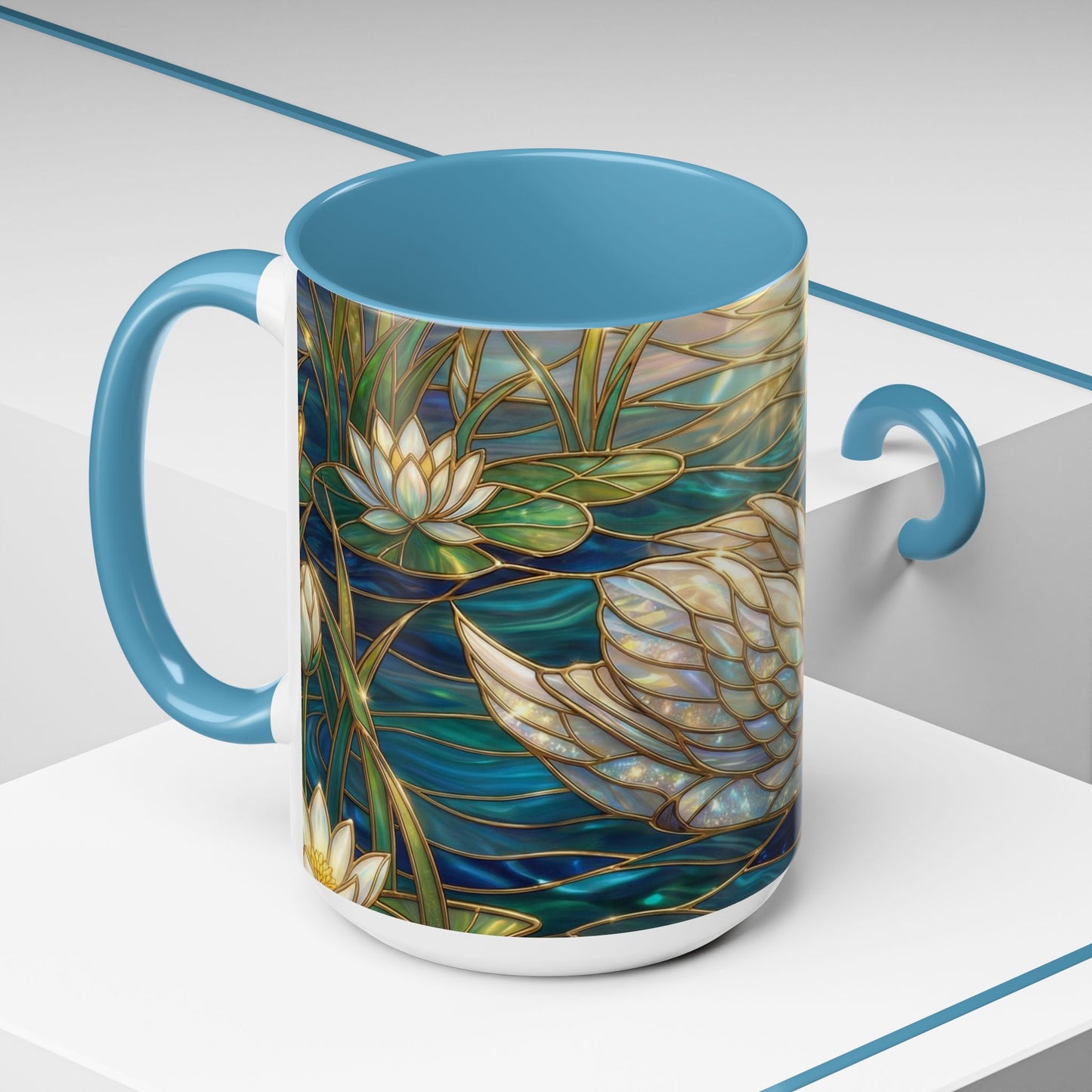 Stained Glass Swan Mug, Swan Coffee Cup, Elegant Swan Art Mug, Nature Decor Gift, Lake Swan Mug, Serene Animal Coffee Cup