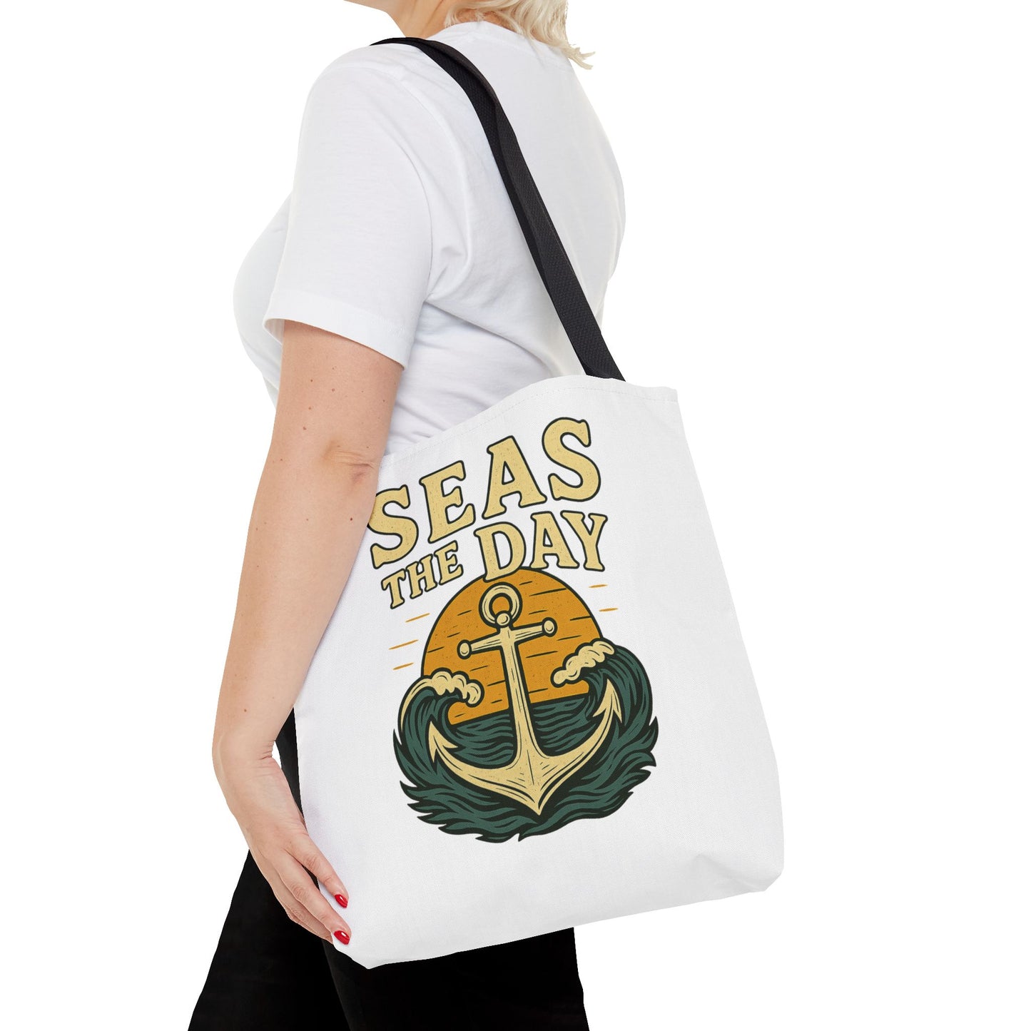 "Seas the Day" Nautical Tote Bag – Funny Beach Quote Canvas Bag with Anchor | Coastal Gift Idea for Summer, Travel, or Daily Use