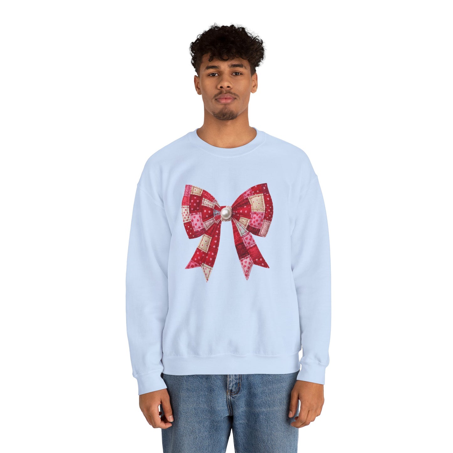 Faux Patchwork Bow Sweatshirt, Quilted Look Bow Crewneck, Pearl Center Bow Pullover, Cozy Coquette Sweatshirt, Girly Gift