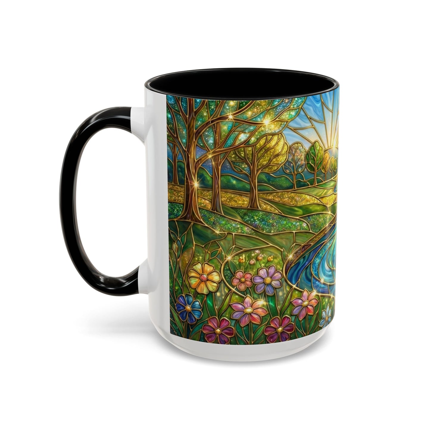 Stained Glass Mug, River Landscape Coffee Cup, Nature Lover Gift, Floral Tea Mug, Gardener Present, Art Teacher Gift, Colorful Scenery Cup