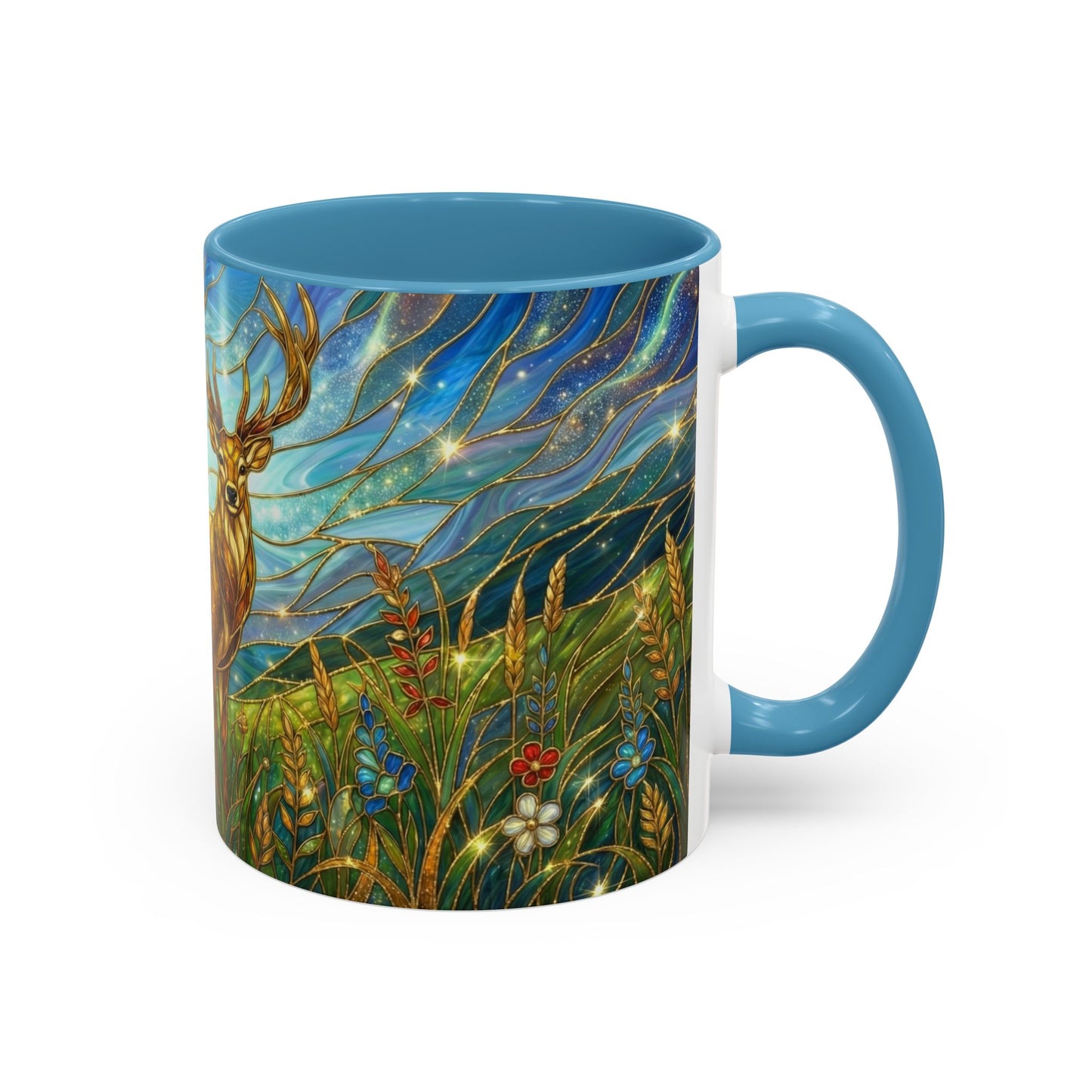 Stained Glass Deer Mug, Woodland Art Coffee Cup, Nature Forest Mug, Blue Green Gold Glass Style Mug, Gift For Nature Lovers Decor