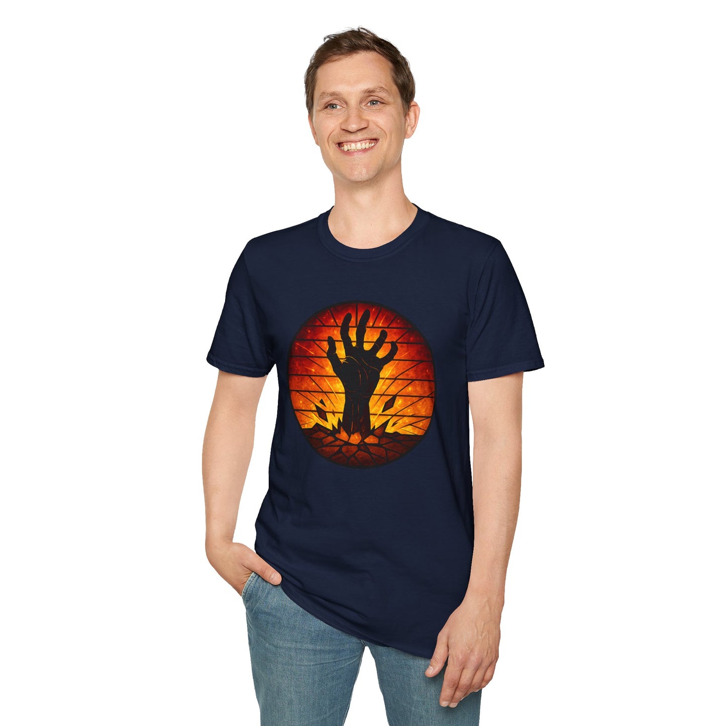 Zombie Hand Sunset T-Shirt – Stained Glass Horror Shirt, Halloween Gothic Tee, Undead Rising Art Tee, Creepy Spooky Shirt for Fall