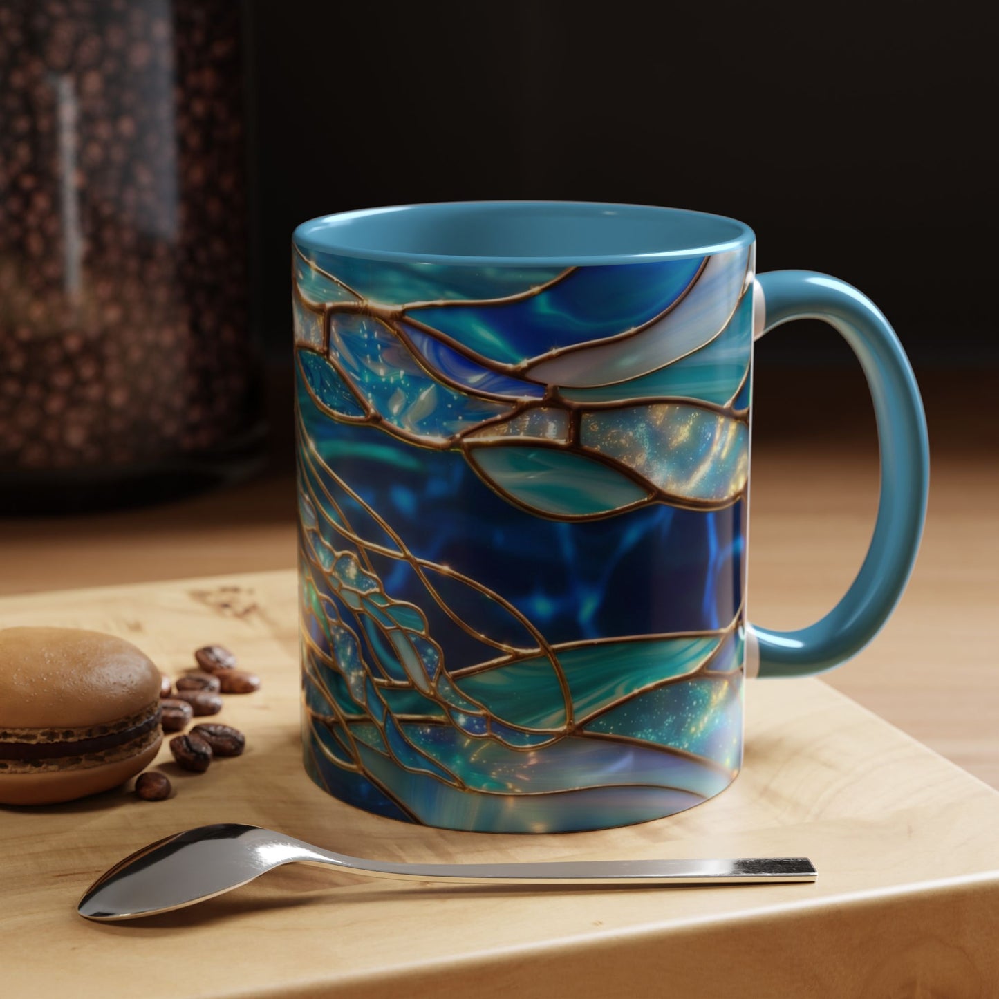 Stained Glass Jellyfish Mug, Ocean Art Coffee Cup, Nautical Sea Life Mug, Blue Teal Gold Glass Style Mug, Gift For Ocean Lovers Decor