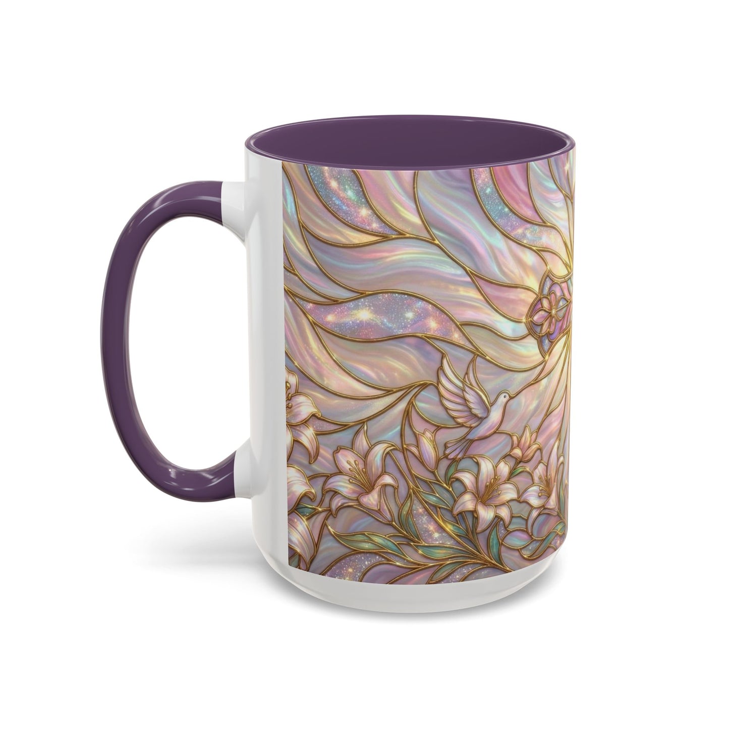 Stained Glass Cross Mug, Easter Lily Coffee Cup, Christian Gift for Women, Pastel Religious Drinkware, Dove and Faith Cup, Spiritual