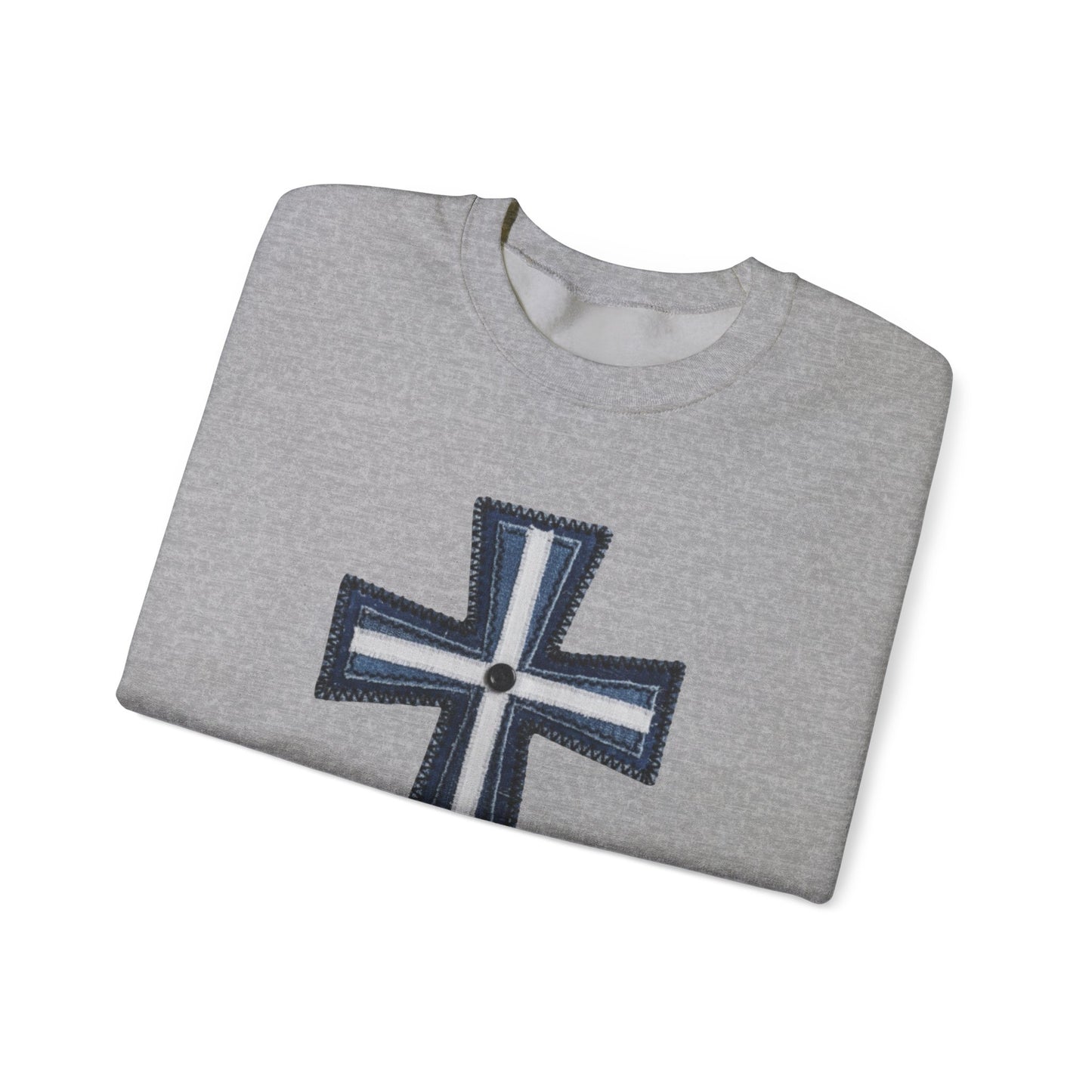 Faux Patchwork Cross Sweatshirt, Christian Patchwork Style Crewneck, Faith Gift for Women Men, Rustic Cross Sweatshirt, Religious Xmas Gift