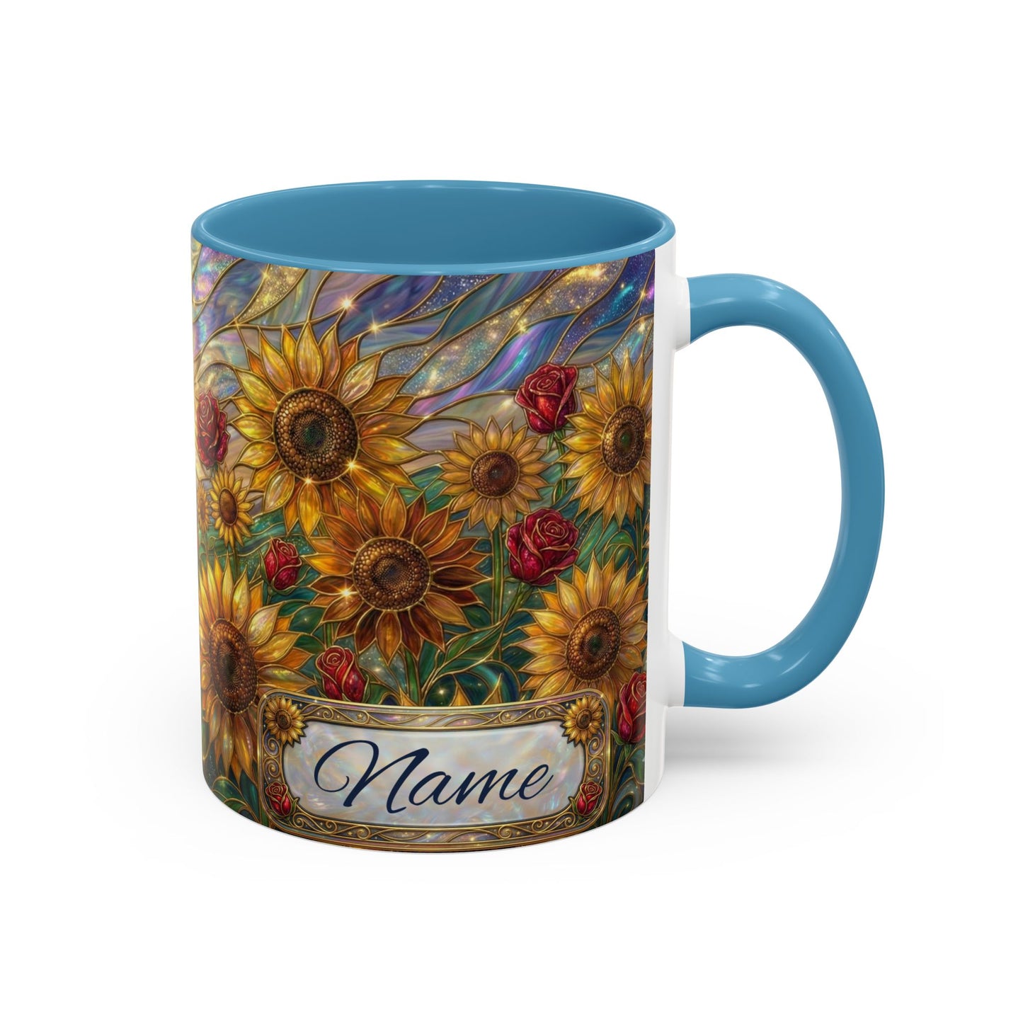 Personalized Stained Glass Sunflower Mug, Custom Red Rose Floral Coffee Cup, Celestial Night Sky Botanical Teacup, Gift For Flower Lover