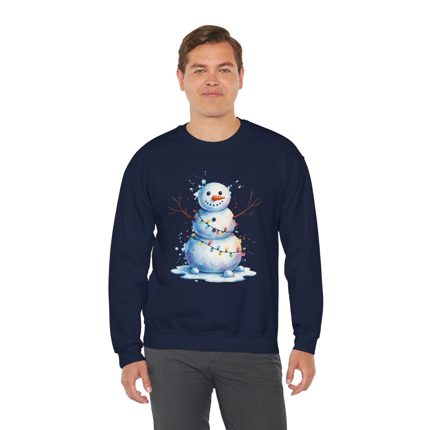 Watercolor Snowman Christmas Sweatshirt, Cute Snowman Crewneck for Winter, Holiday Lights Snowman Sweater, Cozy Unisex Christmas Gift