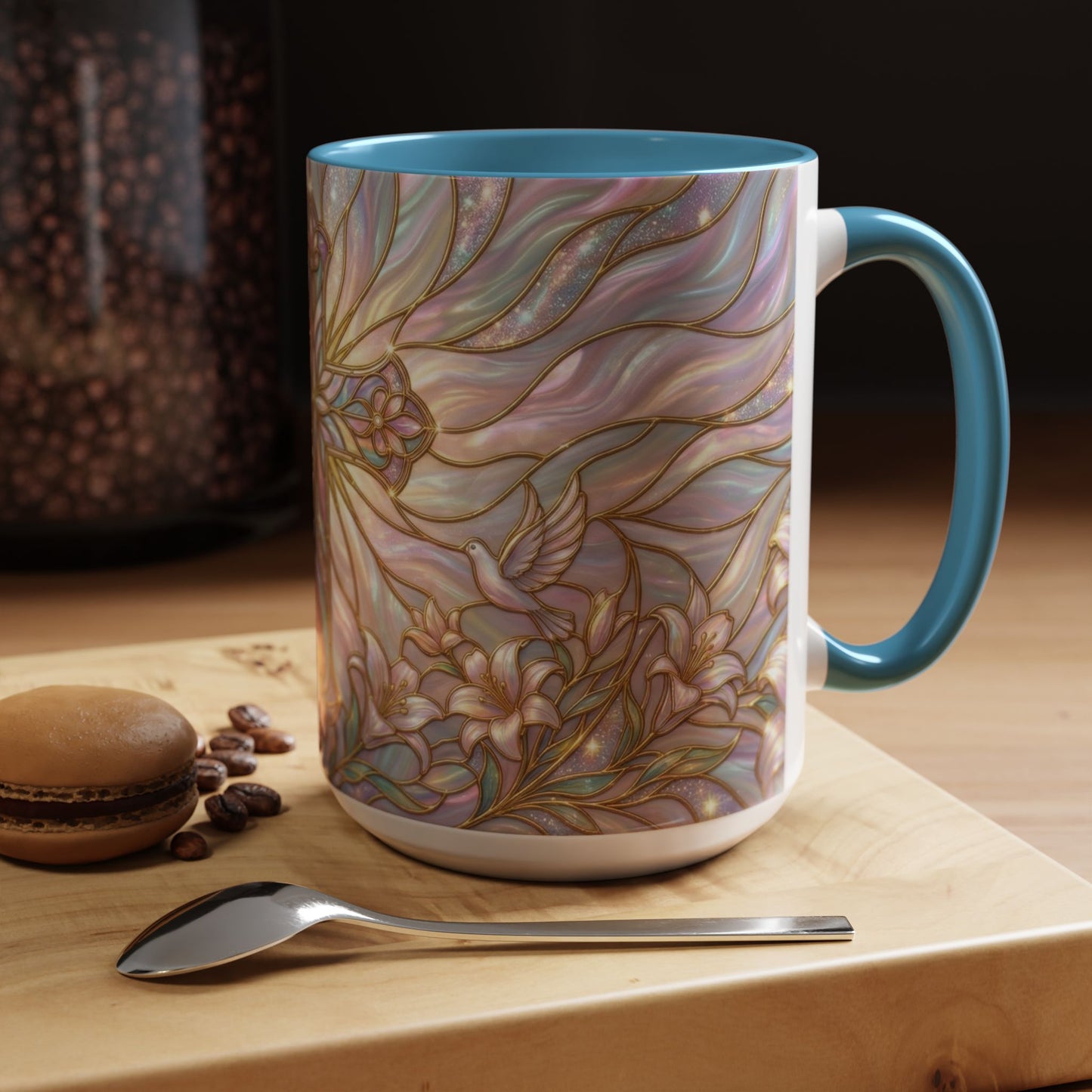 Stained Glass Cross Mug, Easter Lily Coffee Cup, Christian Gift for Women, Pastel Religious Drinkware, Dove and Faith Cup, Spiritual