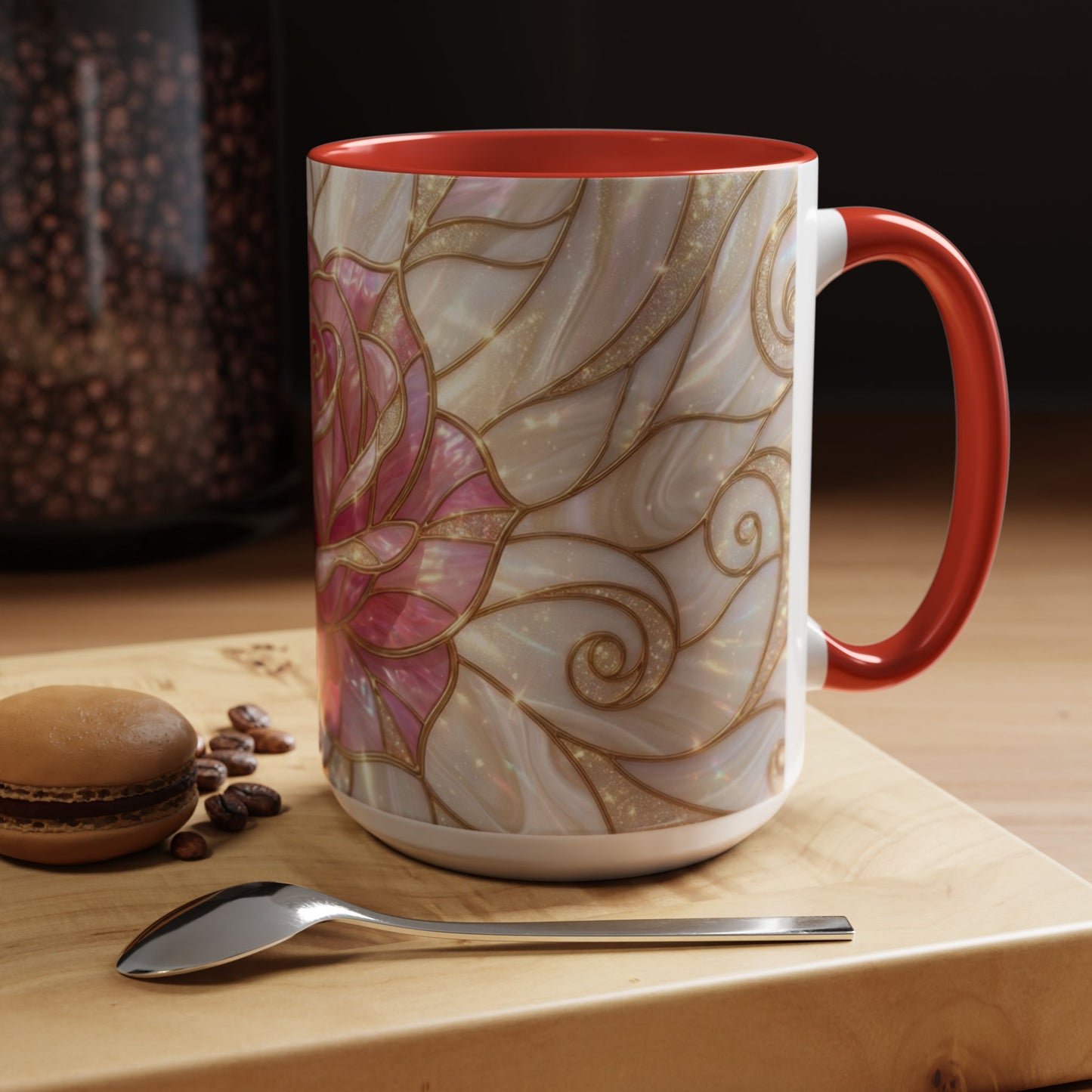 Pink Rose Stained Glass Mug, Gold Floral Coffee Cup, Romantic Flower Tea Cup, Gardener Gift For Mom, Botanical Art, Wife Birthday Gift
