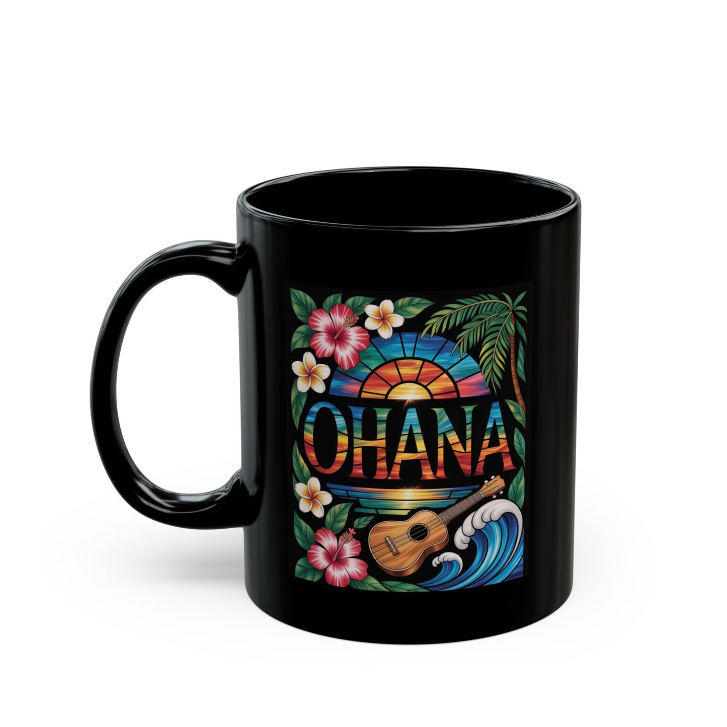 Ohana Mug Hawaiian Coffee Cup Tropical Sunset, Hibiscus Flowers, Ukulele, Aloha Gift