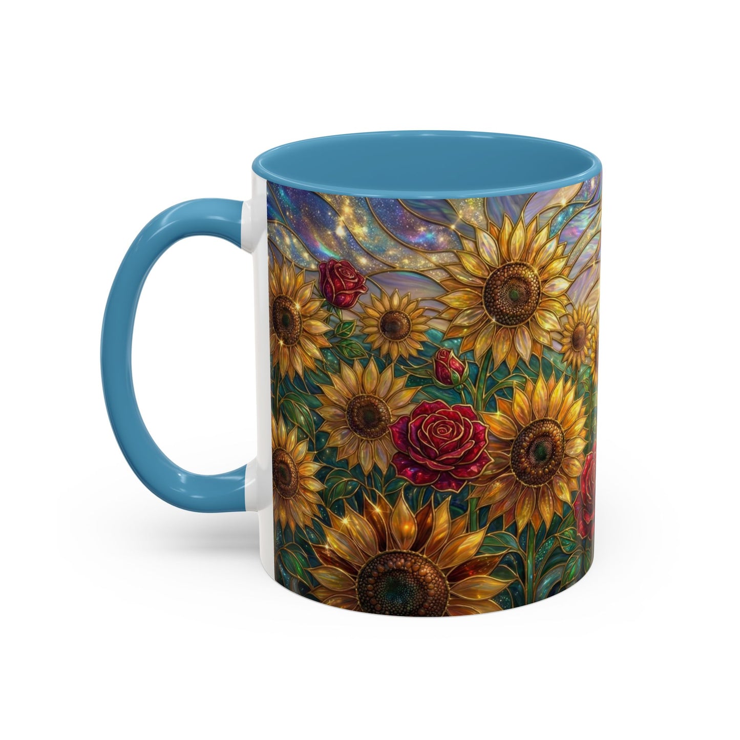 Personalized Stained Glass Sunflower Mug, Custom Red Rose Floral Coffee Cup, Celestial Night Sky Botanical Teacup, Gift For Flower Lover