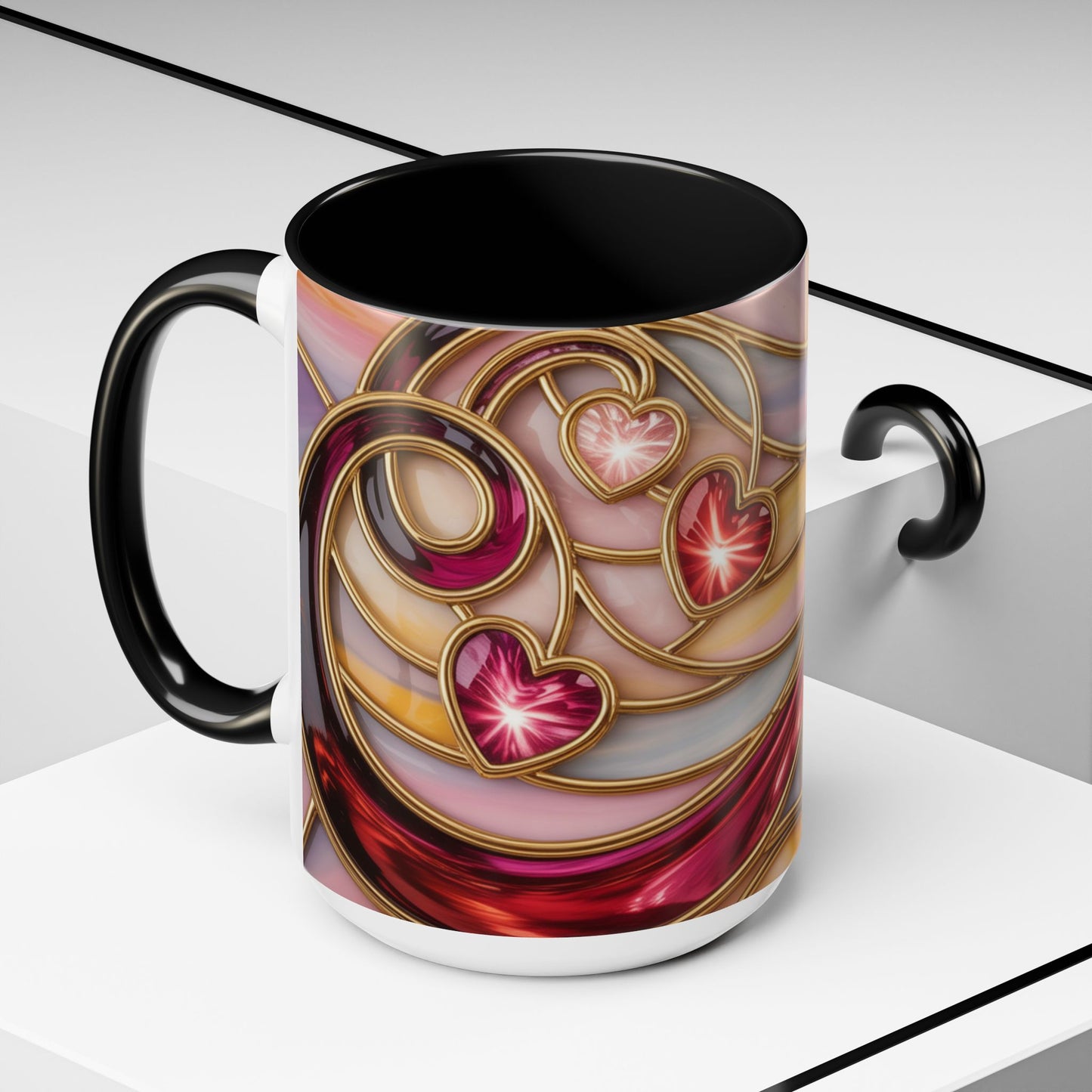 Stained Glass Heart Mug, Romantic Love Coffee Cup, Pink Red Gold Glass Style Mug, Valentine Gift For Her, Anniversary Wedding Decor