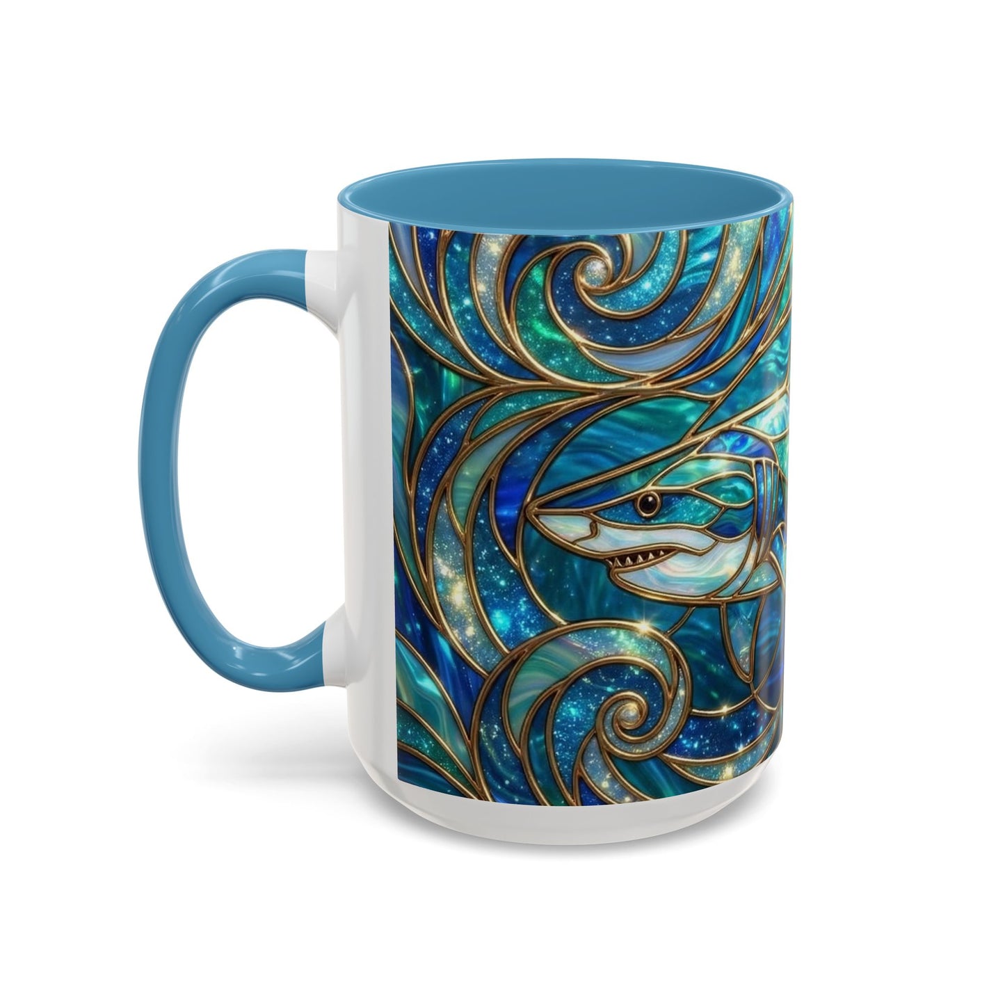 Stained Glass Shark Mug, Ocean Art Coffee Cup, Blue Shark Gift, Sea Life Ceramic Mug, Artistic Shark Design, Marine Lover Gift, Unique Ocean Mug