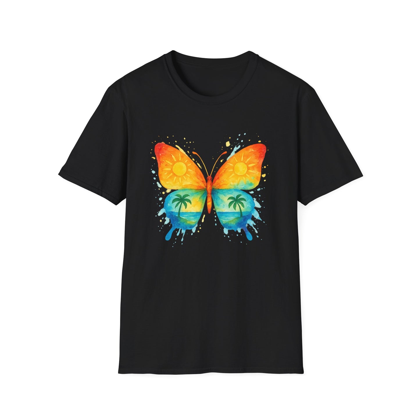 Butterfly Sunset Beach Tee - Ocean & Palm Watercolor Butterfly T-Shirt, Coastal Boho Graphic, Nature Lover Gift, Unisex Casual Tee