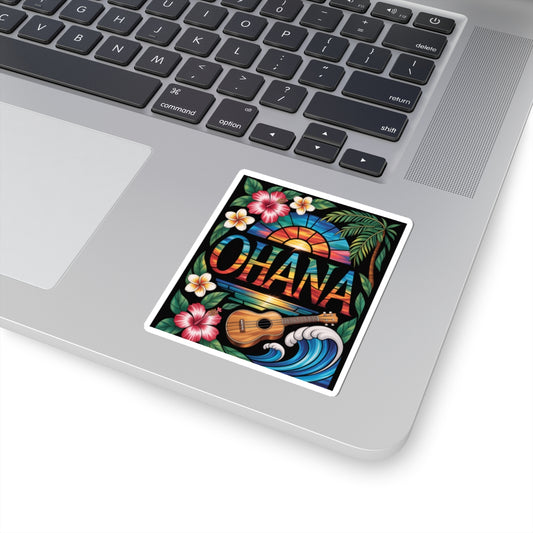 Ohana Sticker - Hawaiian Aesthetic Decal, Tropical Sunset, Ukulele, Hibiscus Flowers, Aloha Vibes