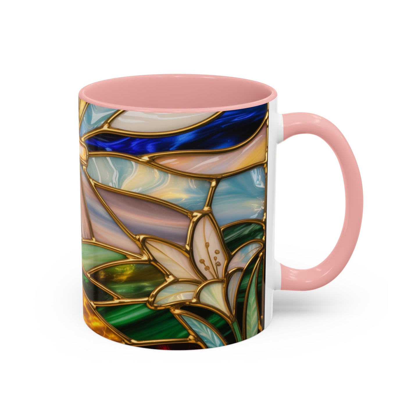 Stained Glass Cross Mug, Christian Sunrise Coffee Cup, Religious Floral Art Mug, Inspirational Faith Gift For Women, Colorful Stained Glass Design