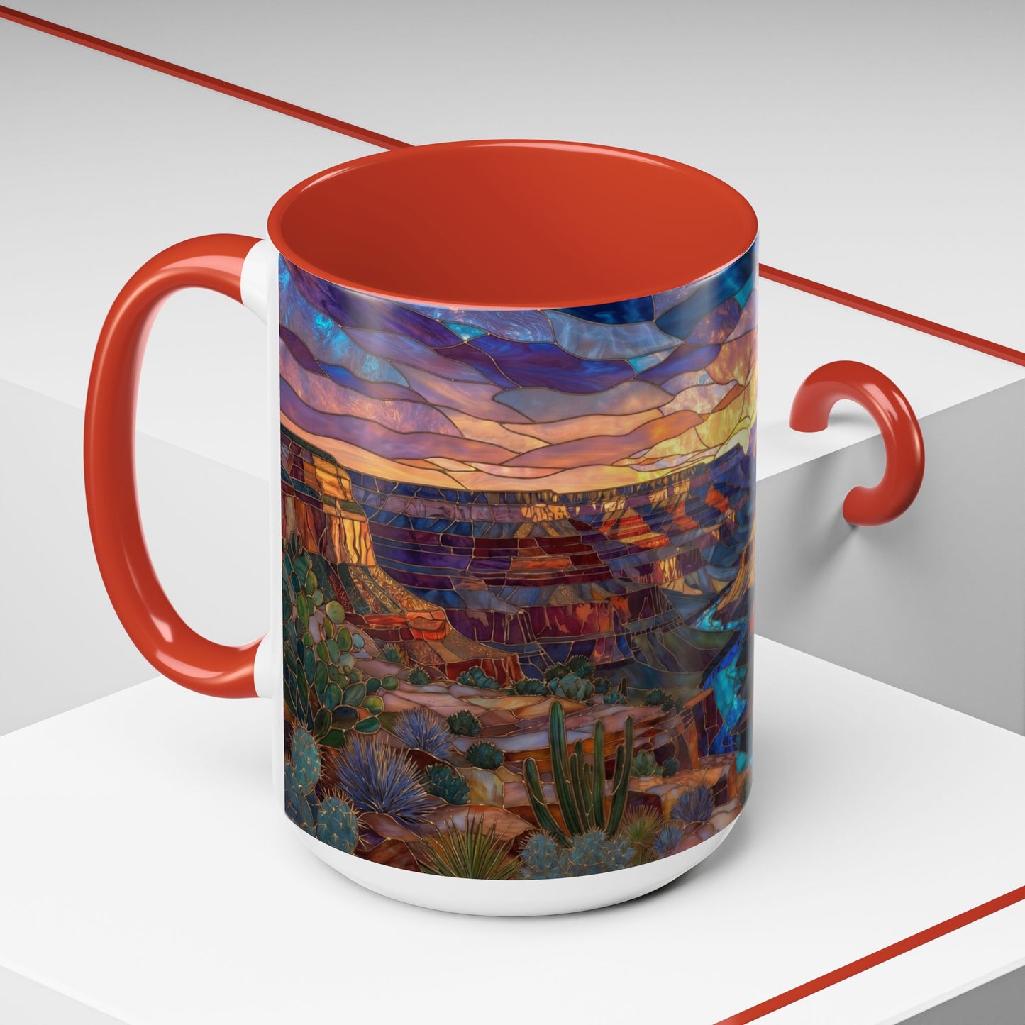 Stained Glass Grand Canyon Mug, Southwest Landscape Coffee Cup, Sunset Canyon Art Mug, Nature Gift For Hikers, Colorful Scenic Grand Canyon Illustration