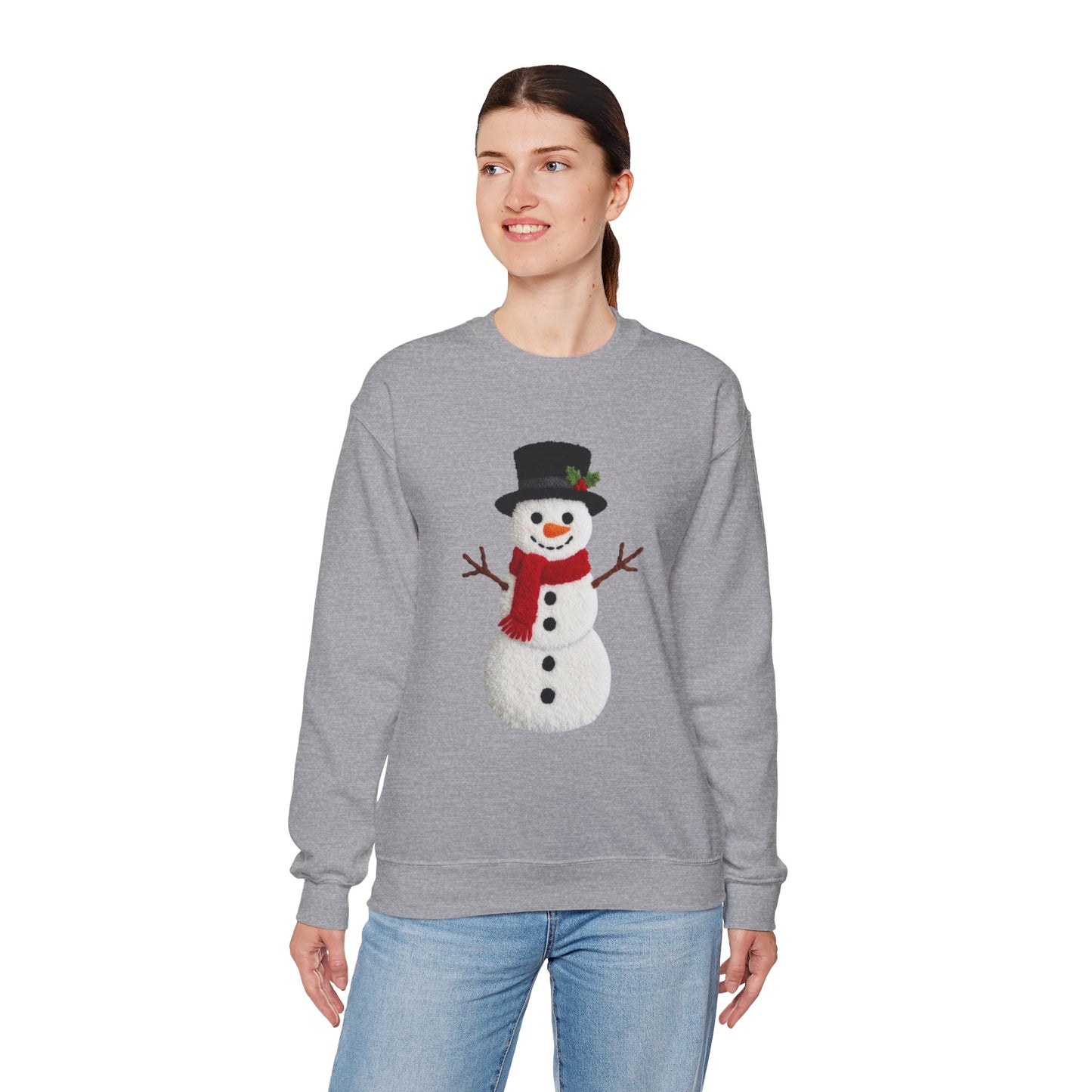 Faux Patchwork Crochet Snowman Sweatshirt, Winter Snowman Crewneck, Cozy Holiday Sweater, Christmas Sweatshirt, Festive Winter Shirt, unisex gift