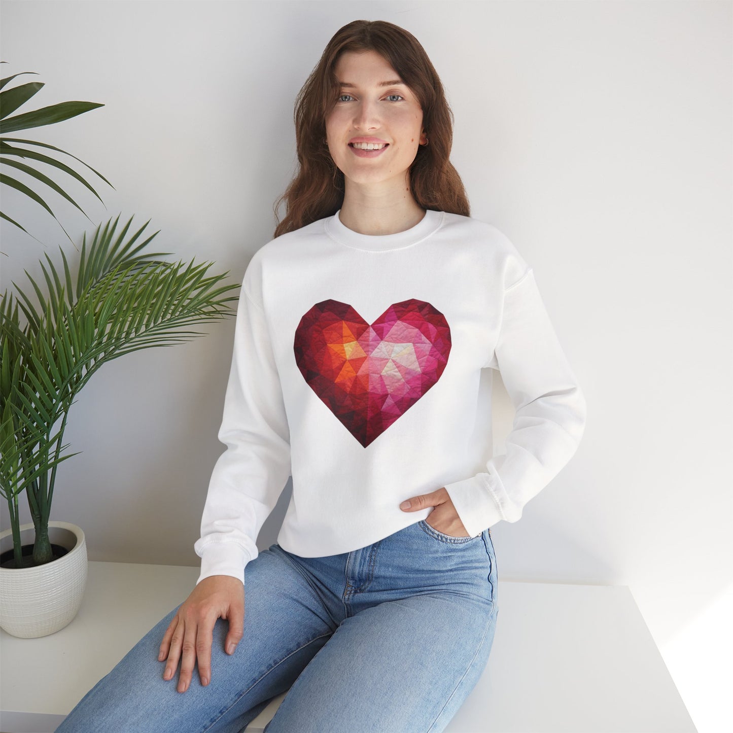 Faux Patchwork Heart Sweatshirt, Geometric Heart Sweater, Cute Valentines Sweatshirt, Cozy Pink Heart Crewneck, Winter Heart Pullover