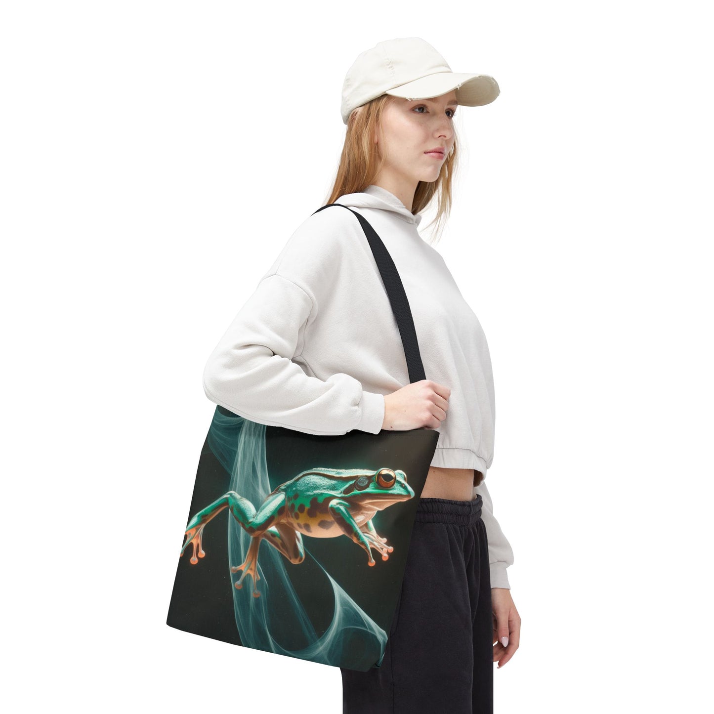 Frog in Motion Tote Bag, Nature-Inspired Green Frog Design Eco-Friendly Shoulder Bag, Artistic Reusable Tote For Everyday Use And Gifts