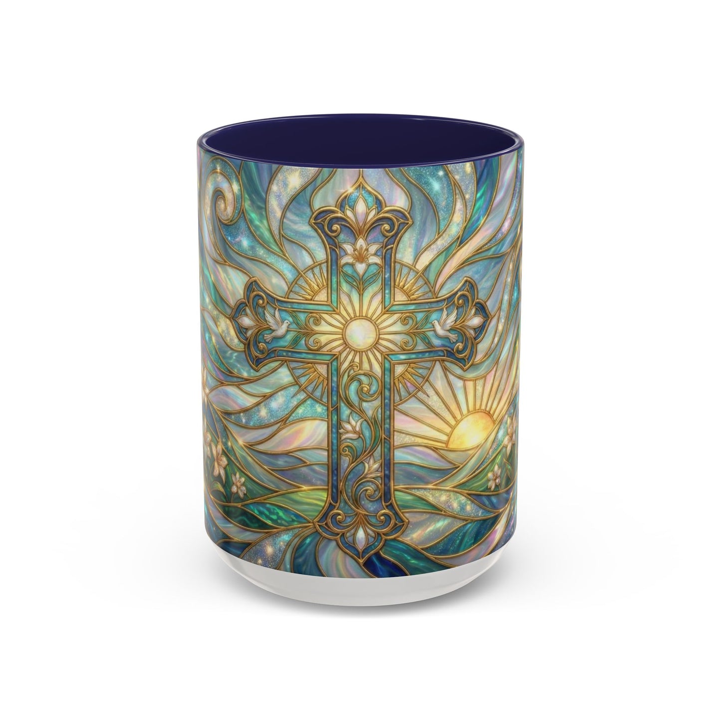 Stained Glass Cross Mug, Christian Coffee Cup, Religious Easter Gift, Celestial Faith Mug, Spiritual Sunrise Cup, Dove Lily Print Mug