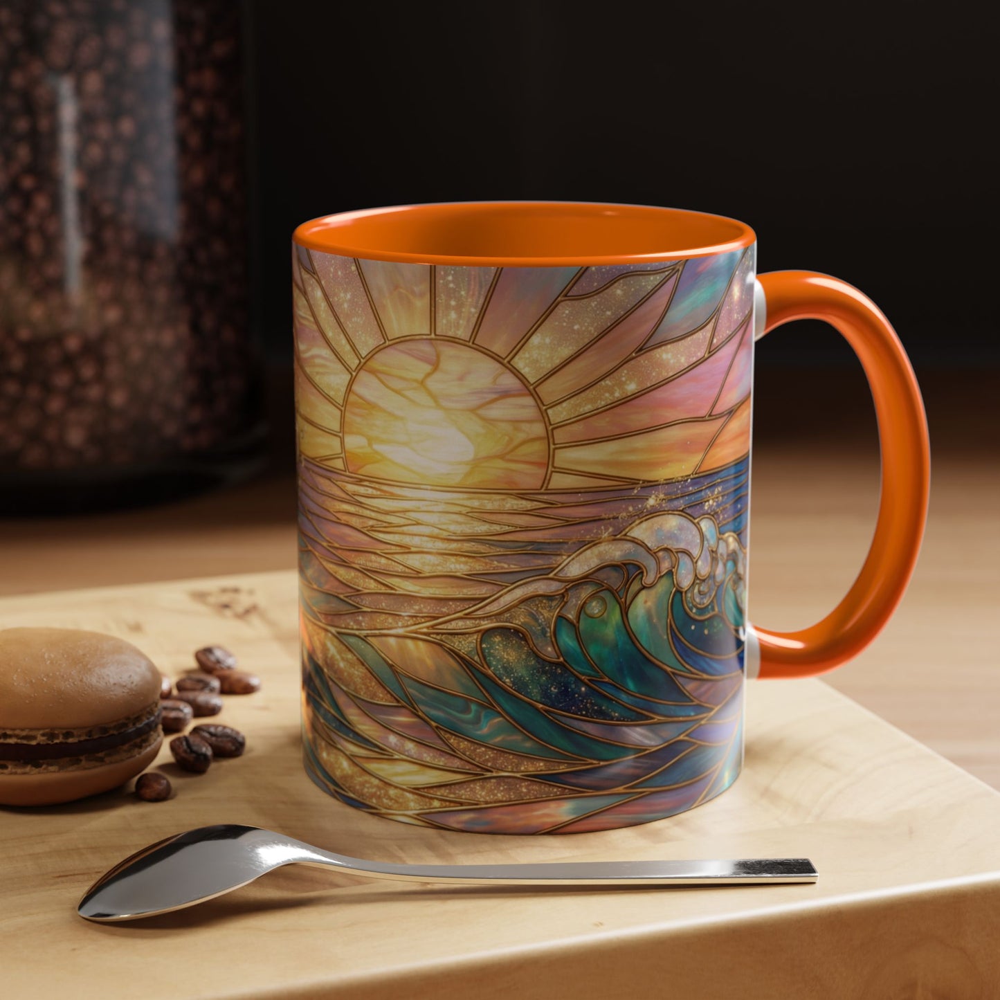 Stained Glass Ocean Wave Mug, Sunrise Beach Coffee Cup, Japanese Art Gift, Coastal Decor Kitchen, Mosaic Sea Tea Cup, Blue Gold Nature Lover