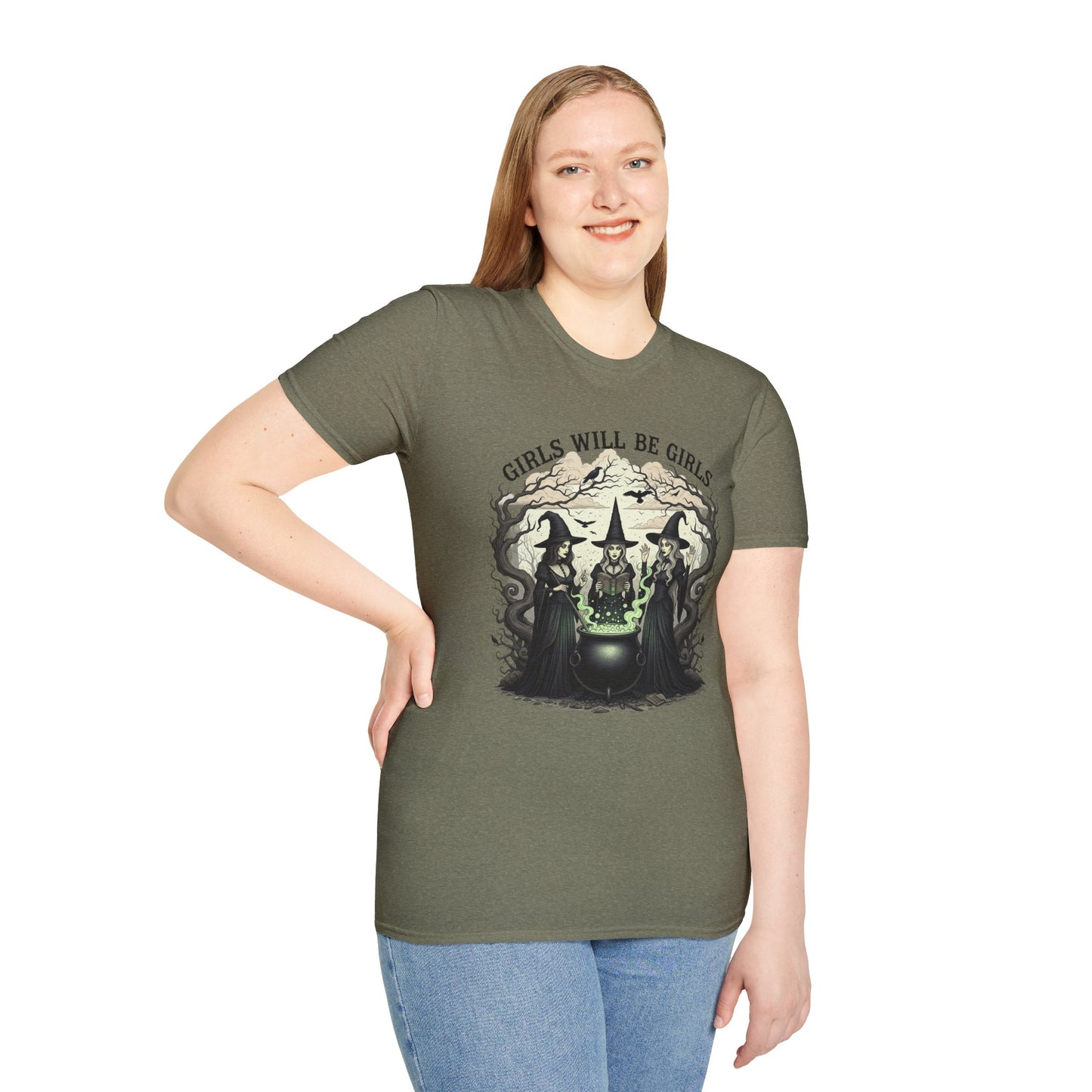 Girls Will Be Girls Witch Tee - Witches Brewing Cauldron Shirt - Halloween Witchy Vintage Feminist Spooky Gift for Women