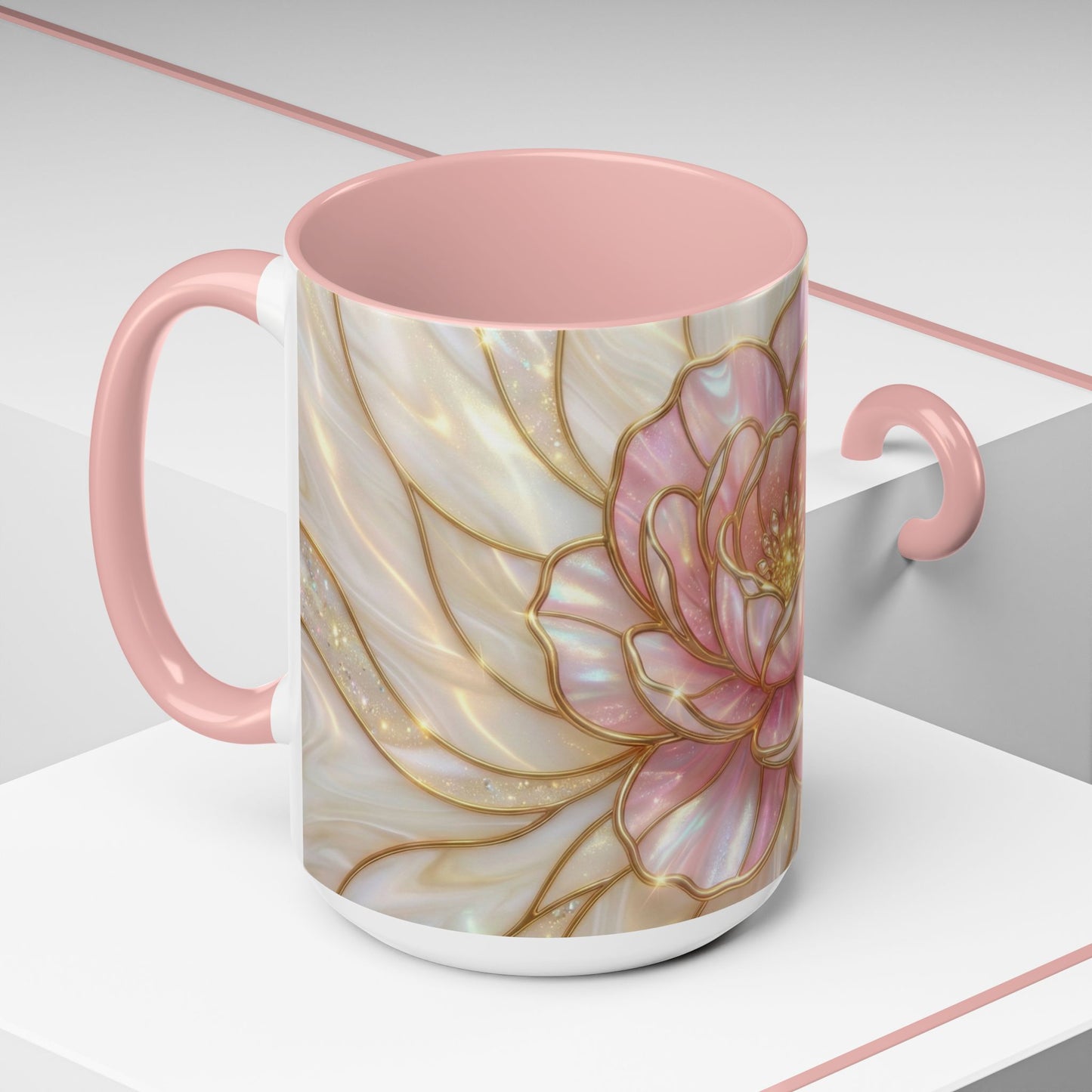 Pink Peony Stained Glass Mug, Gold Floral Coffee Cup, Elegant Flower Gift For Her, Fairycore Tea Cup, Mothers Day Present, Pearl Art Decor