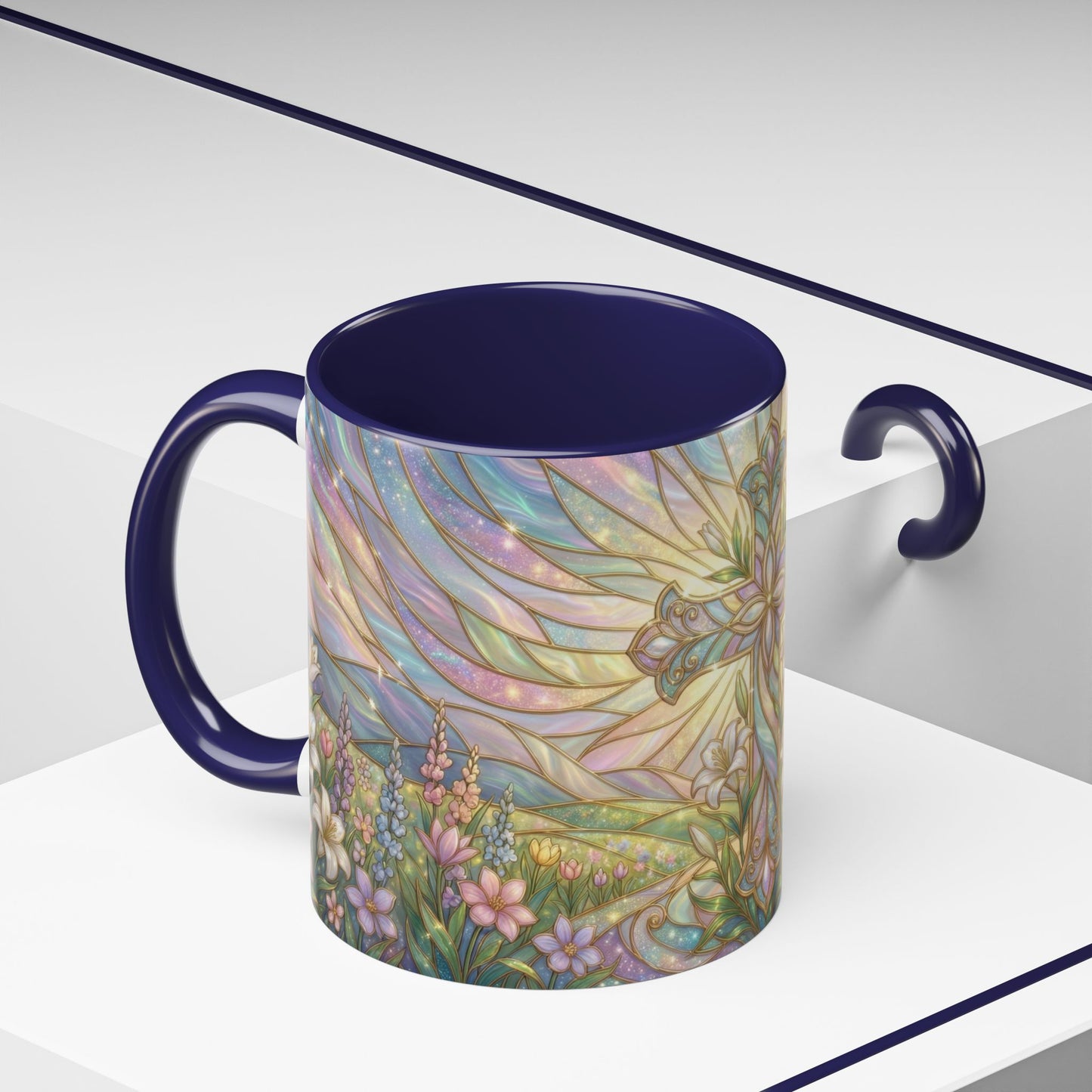 Stained Glass Cross Mug, Easter Lily Coffee Cup, Christian Religious Gift, Pastel Floral Faith Mug, Spring Believer Cup, Baptism Present