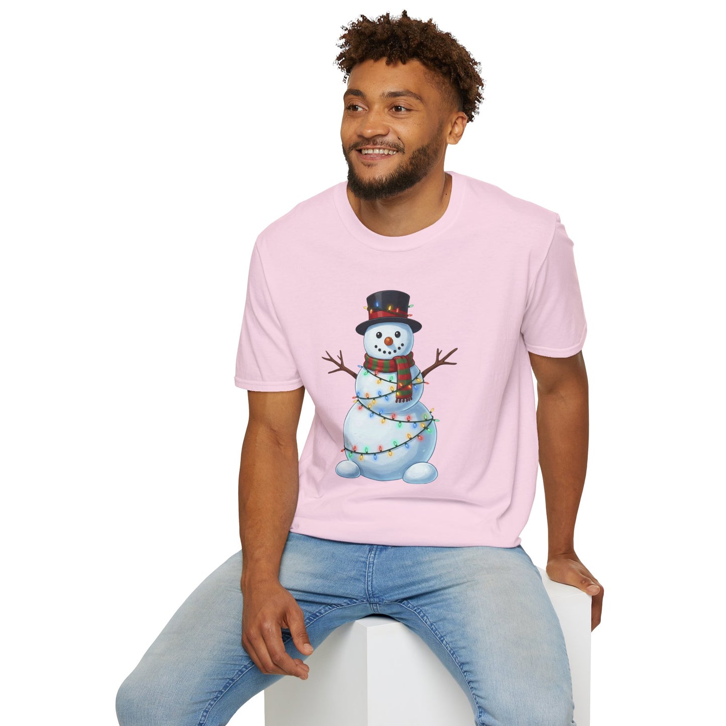 Cute Snowman Christmas Shirt, Snowman Wrapped in Christmas Lights Tee, Holiday Winter Snowman Top Hat Shirt, Funny Cozy Christmas T Shirt